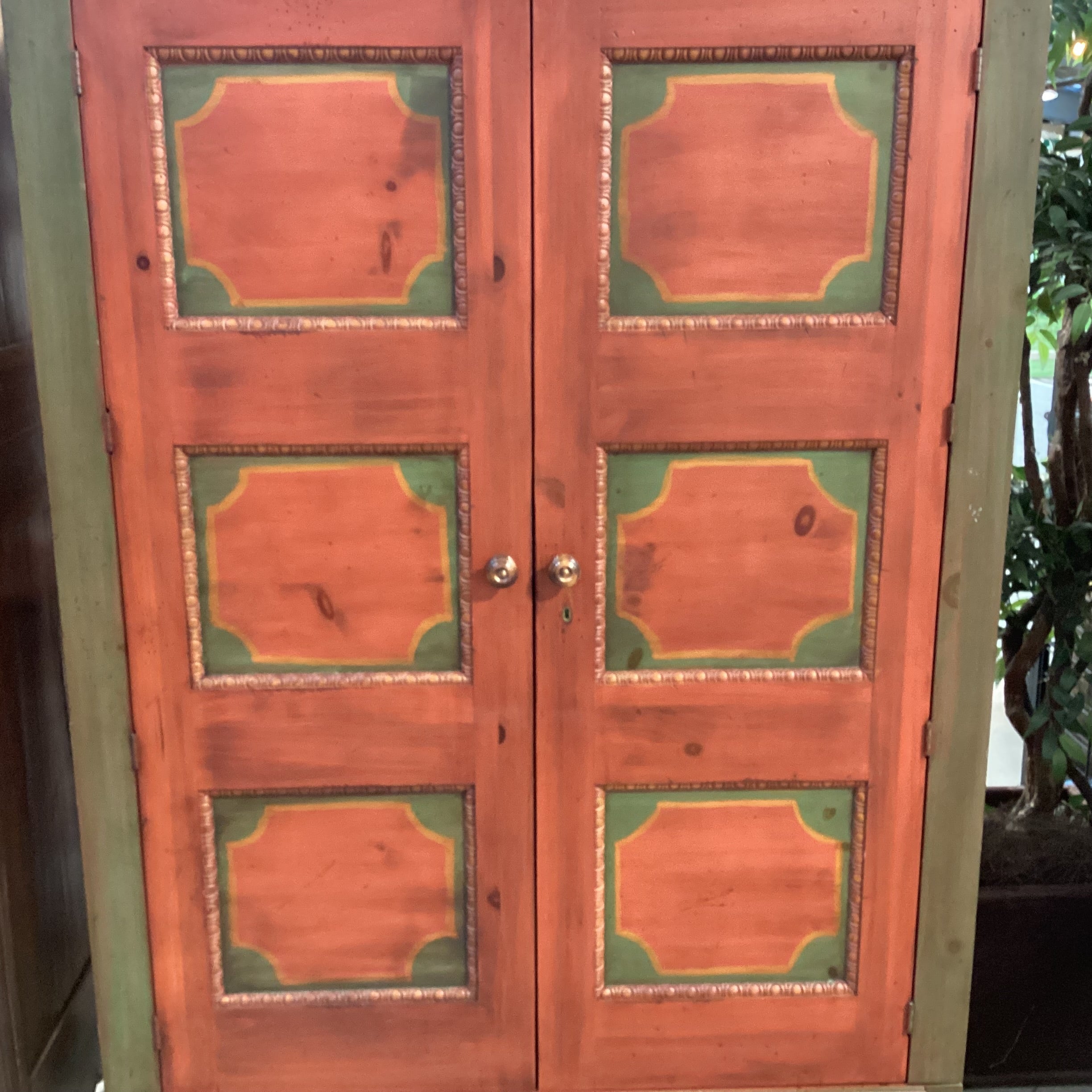 Custom Carved Wood Antiqued Red & Green Handpainted 2 Door Wardrobe Armoire 46"x 24"x 82"