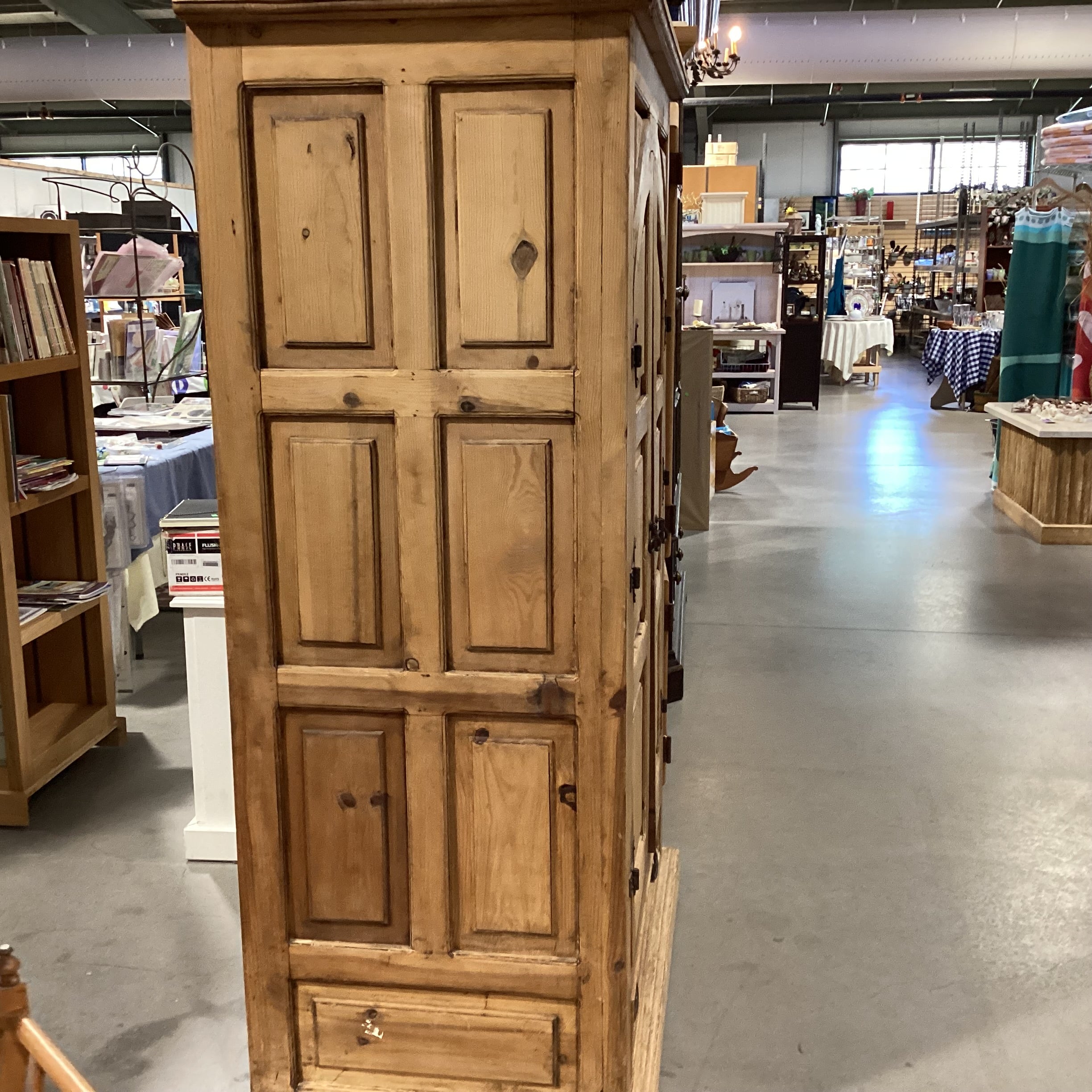 Rustic Pine with Carved Panel Detail 2 Door with Bottom Drawer Armoire 43"x 26.5"x 72"
