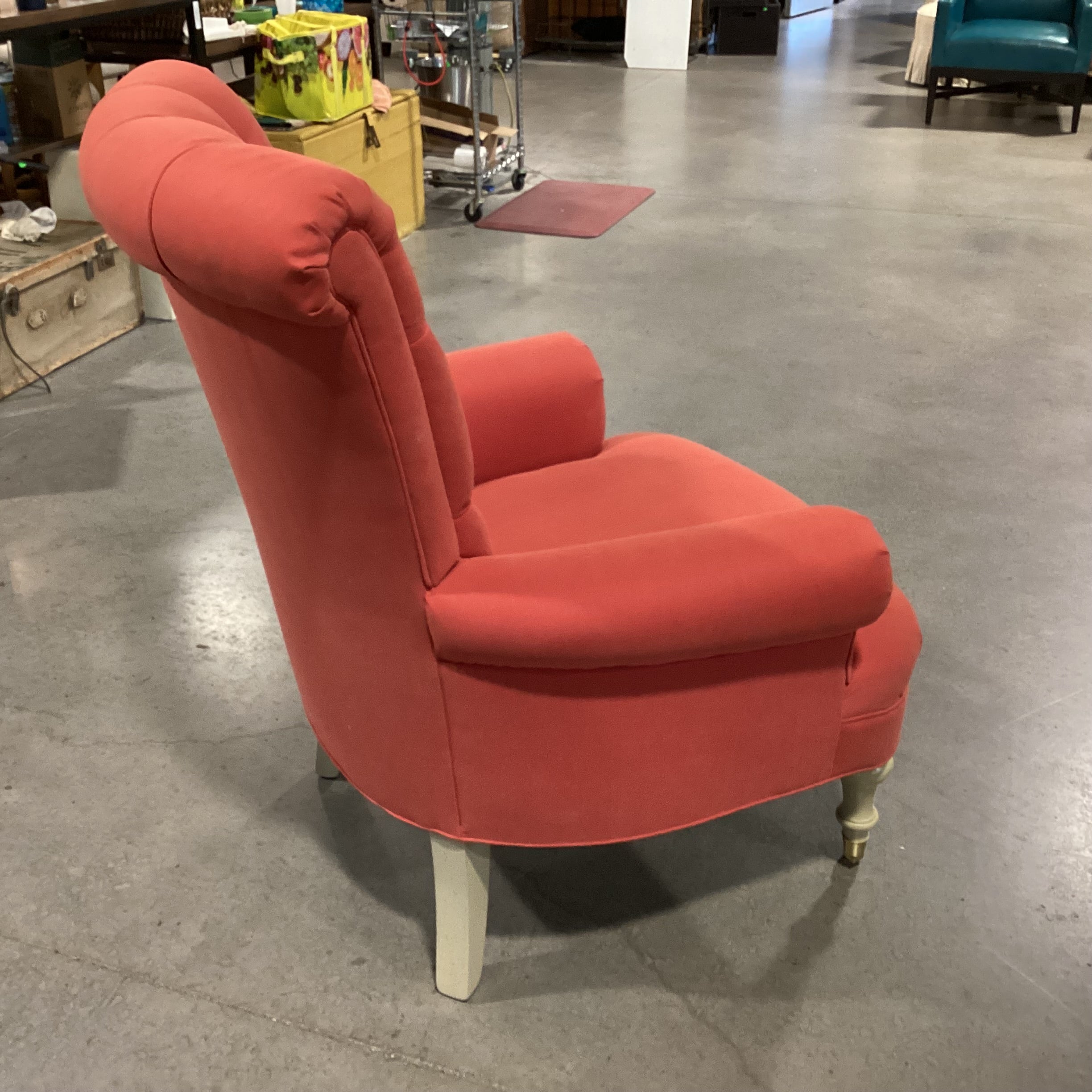 Red Orange Tufted Roll Back & Arms Front Casters Chair 34"x 38"x 44"