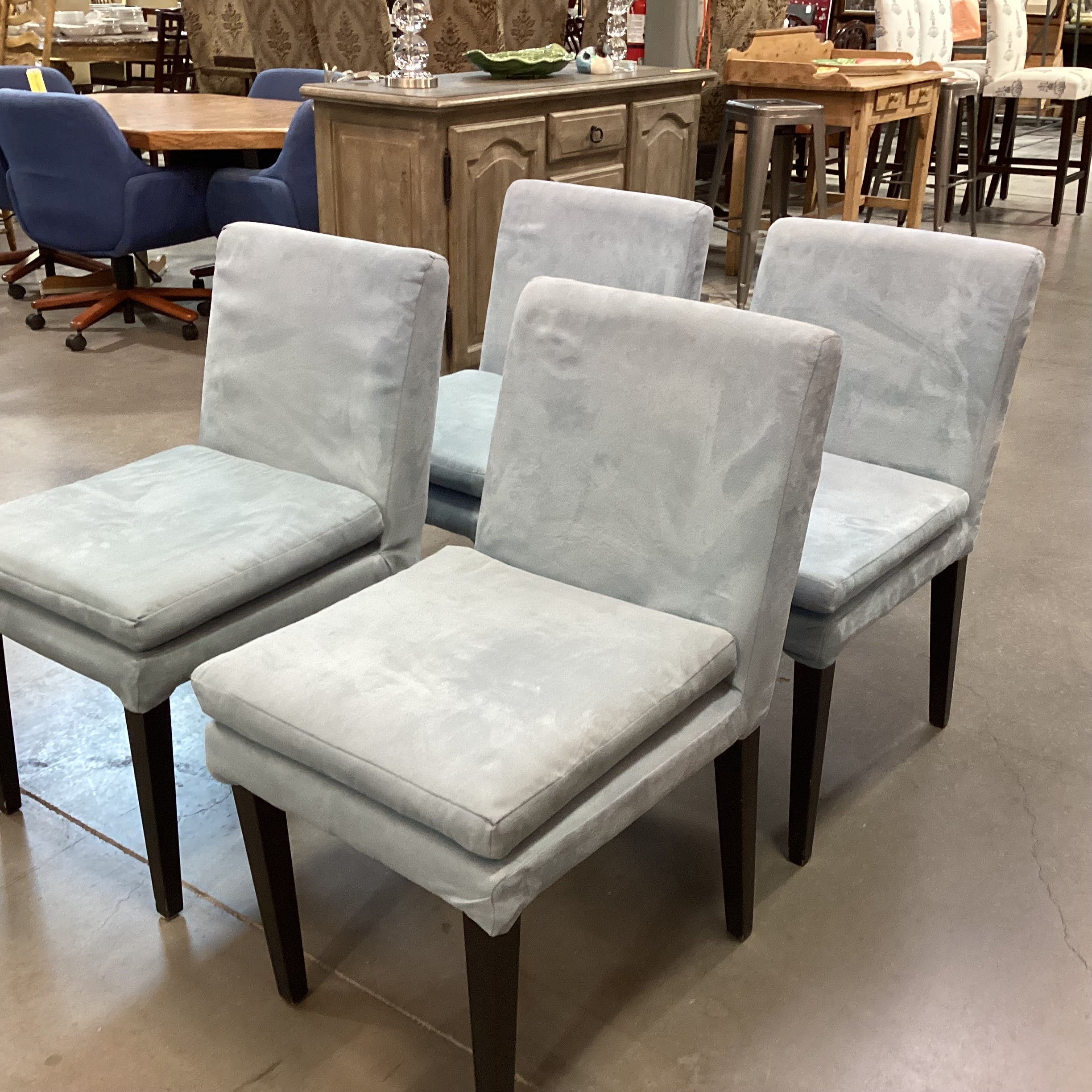 SET of 4 West Elm Blue Ultra Suede & Black Wood Legs Dining Chairs 19"x 24"x 33"19"x 24"x 33"