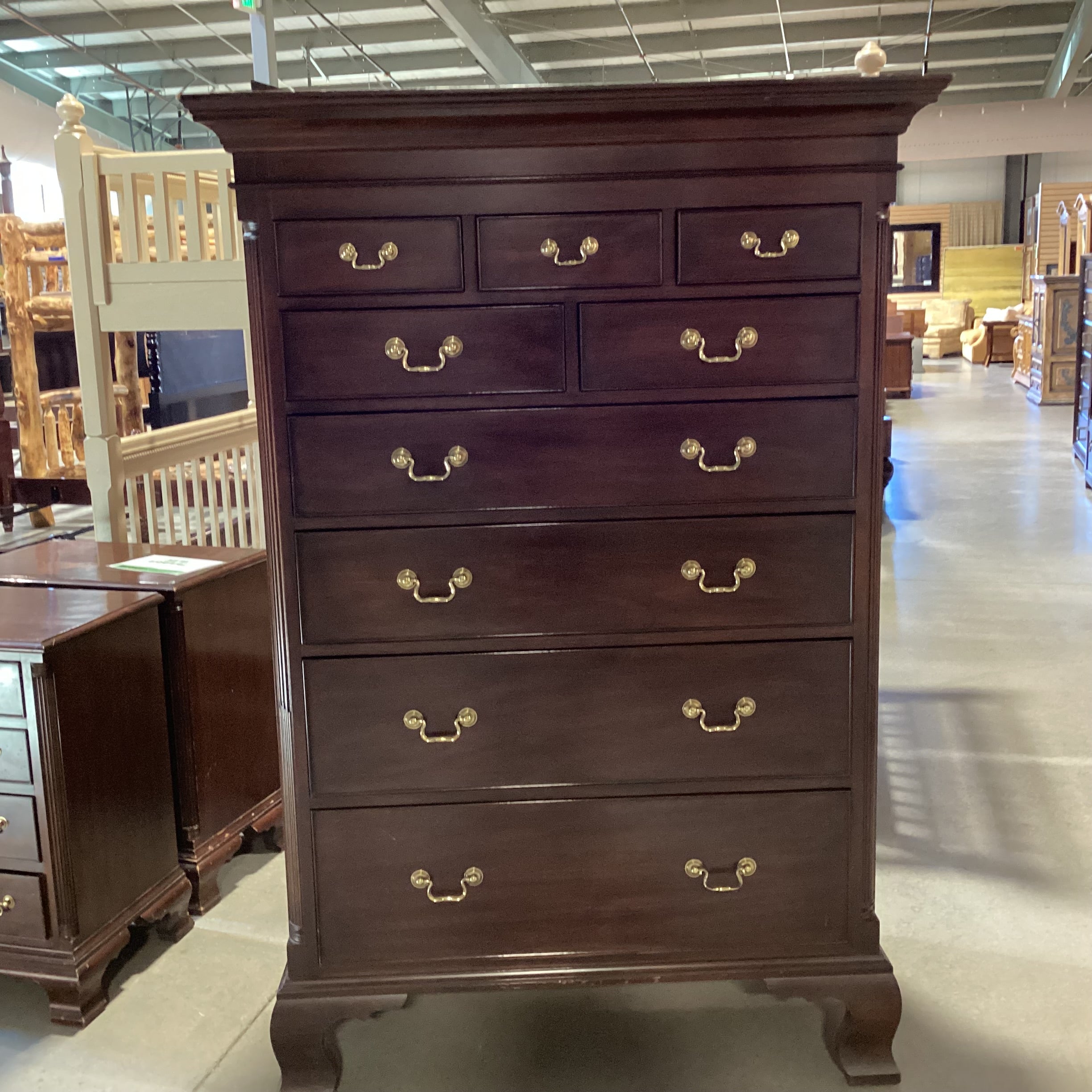Henkel-Harris Dark Finish Carved Wood 9 Drawer Gentlemans Chest 45"x 24"x 65.5"