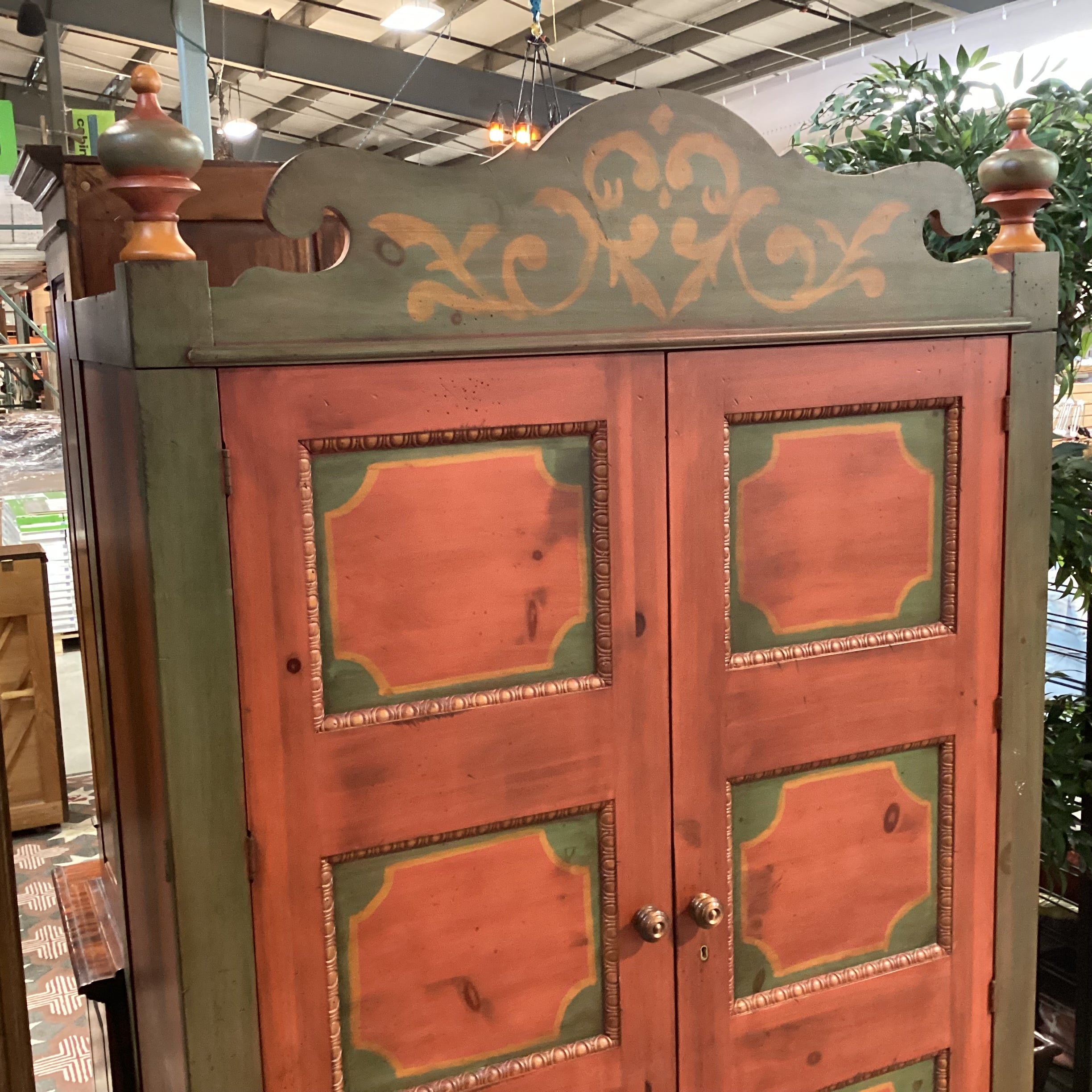 Custom Carved Wood Antiqued Red & Green Handpainted 2 Door Wardrobe Armoire 46"x 24"x 82"