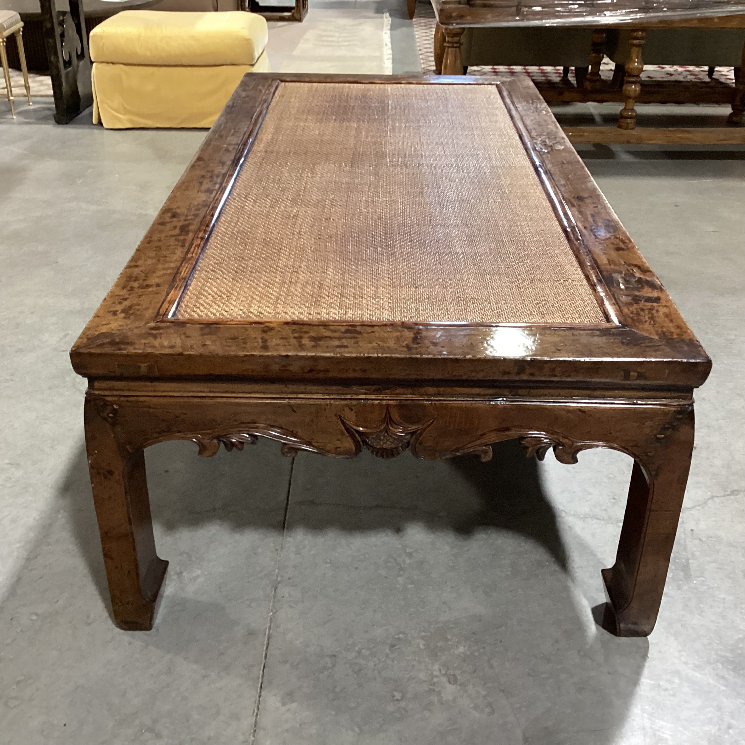 Asian Inspired Carved Distressed Wood & Rattan Raffia Woven Inset Coffee Table 72"x 35"x 21"