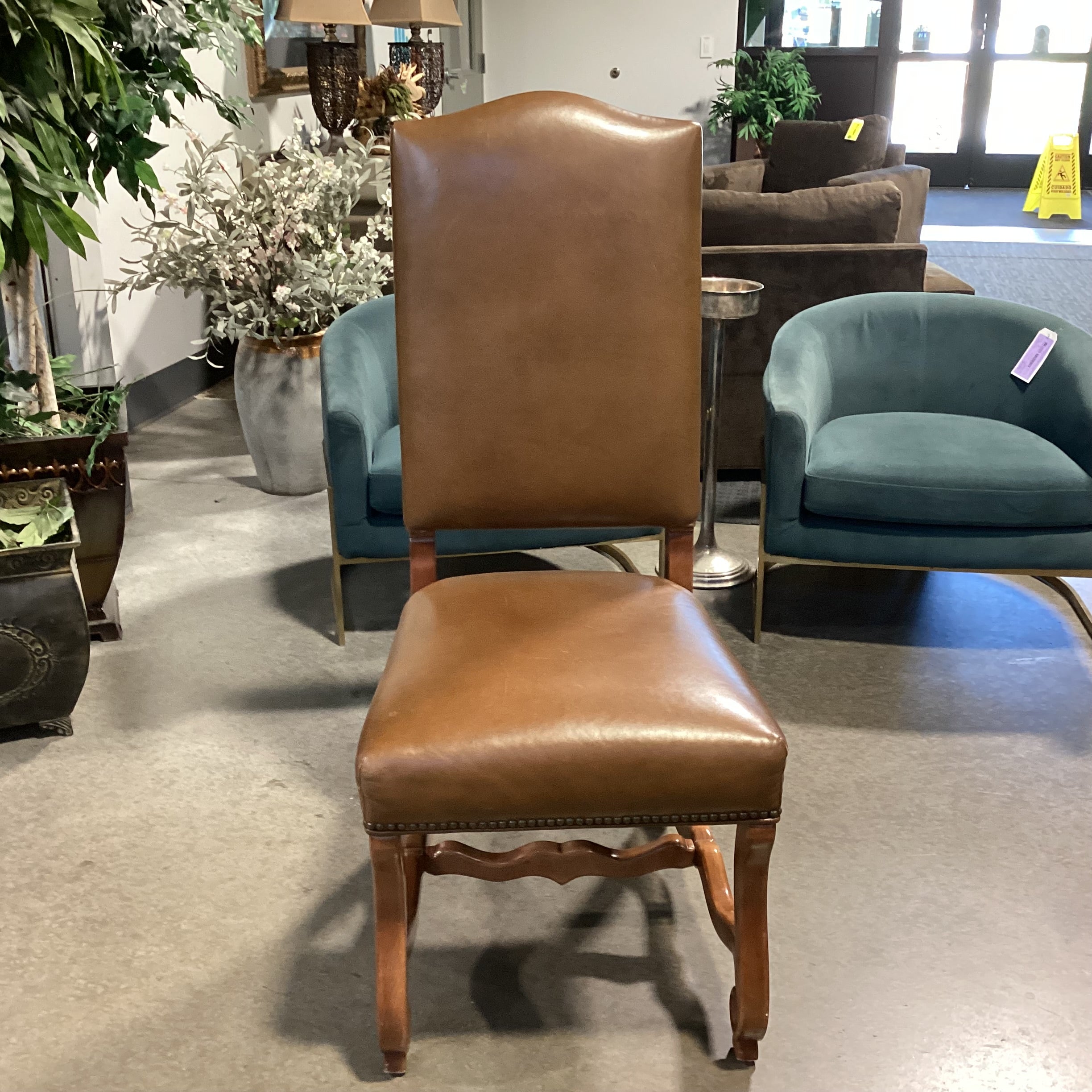 Charles Stewart Co Leather Nailhead & Carved Wood Chair 20"x 22"x 46"