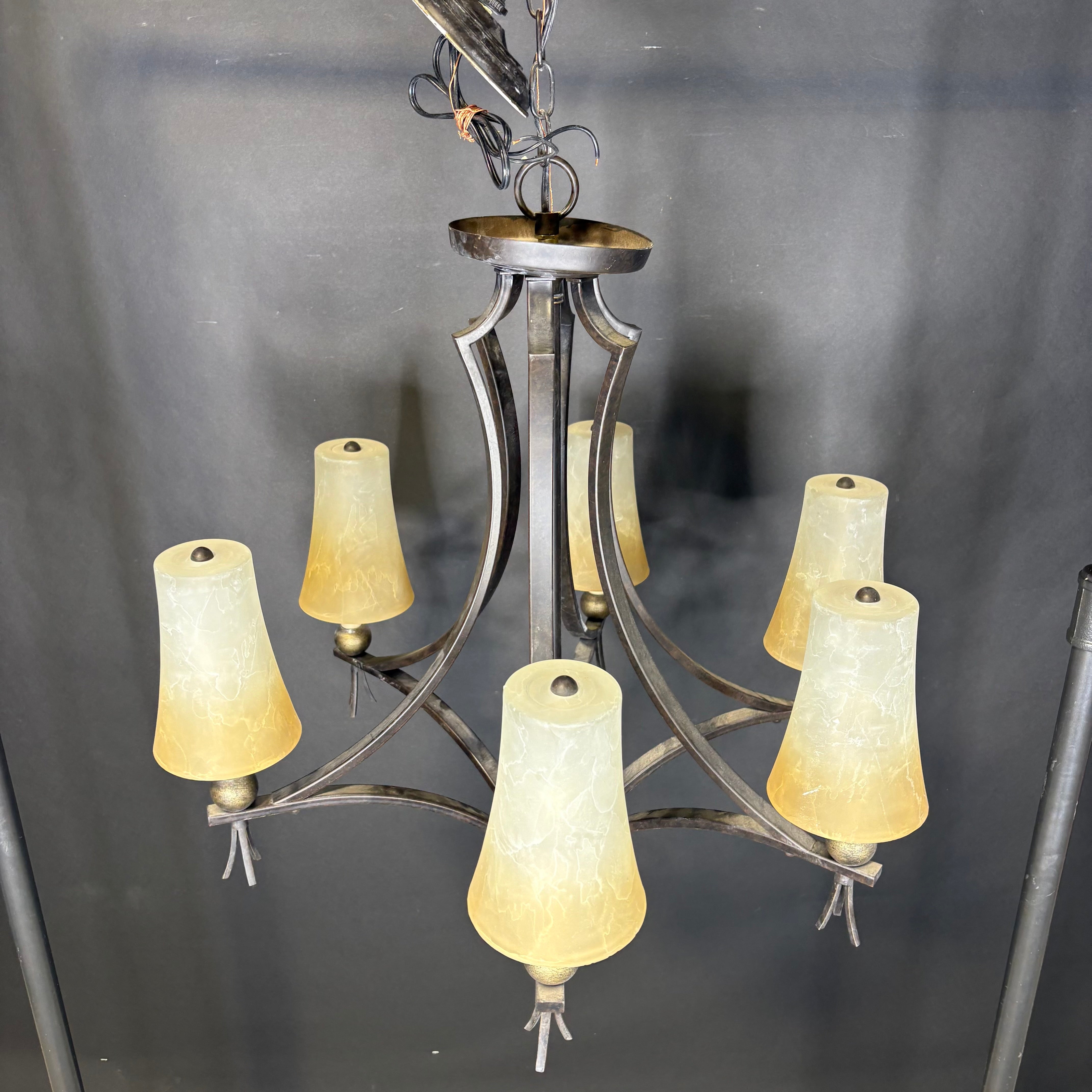 Traditional 6-Light Bronze and Gold Painted Metal with Ombré Glass Shades Chandelier 27” Diameter x 37”