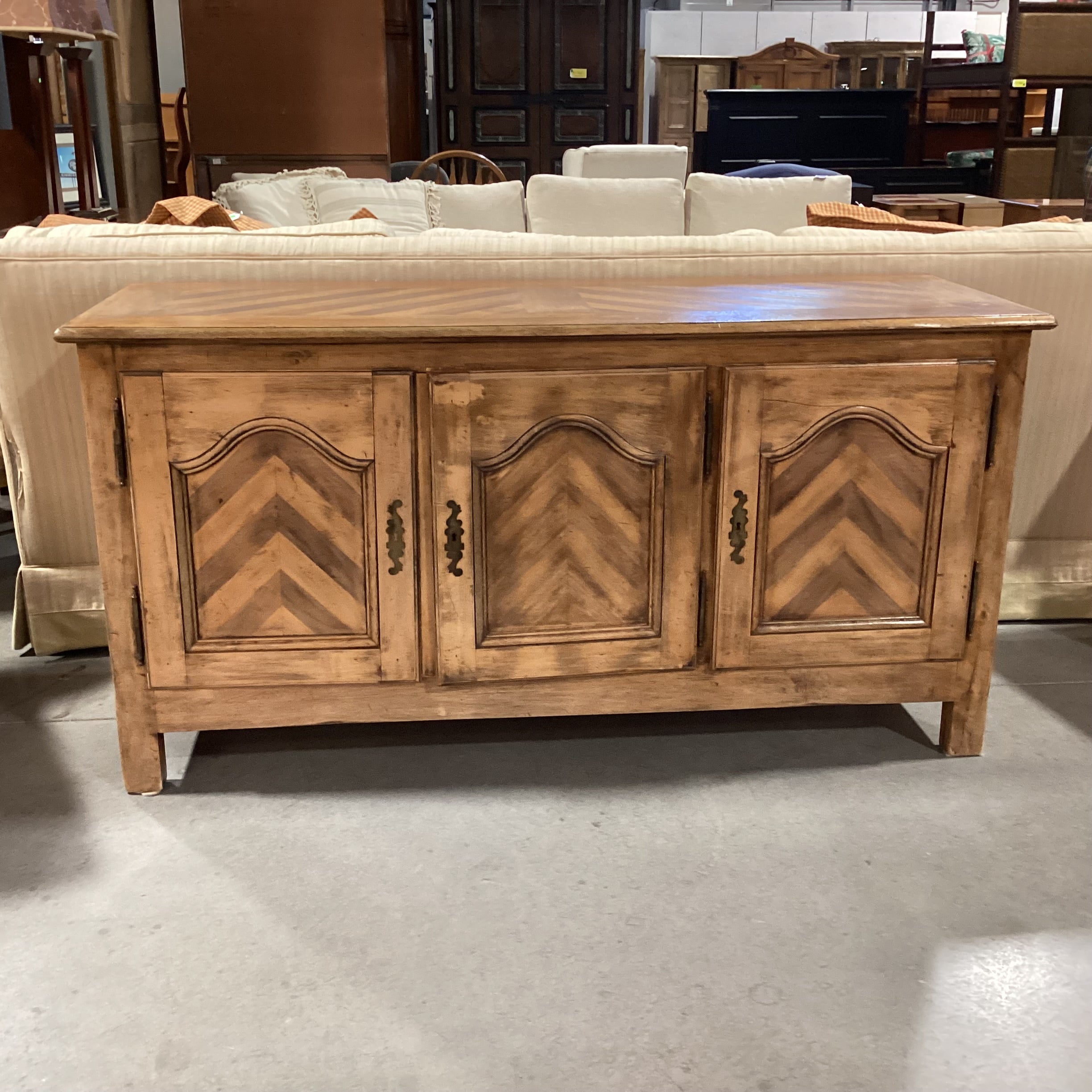 Distressed Finished Wood with Matched Chevron Detail 3 Door 4 Drawer & Shelves Sideboard 70"x 24"x 36"