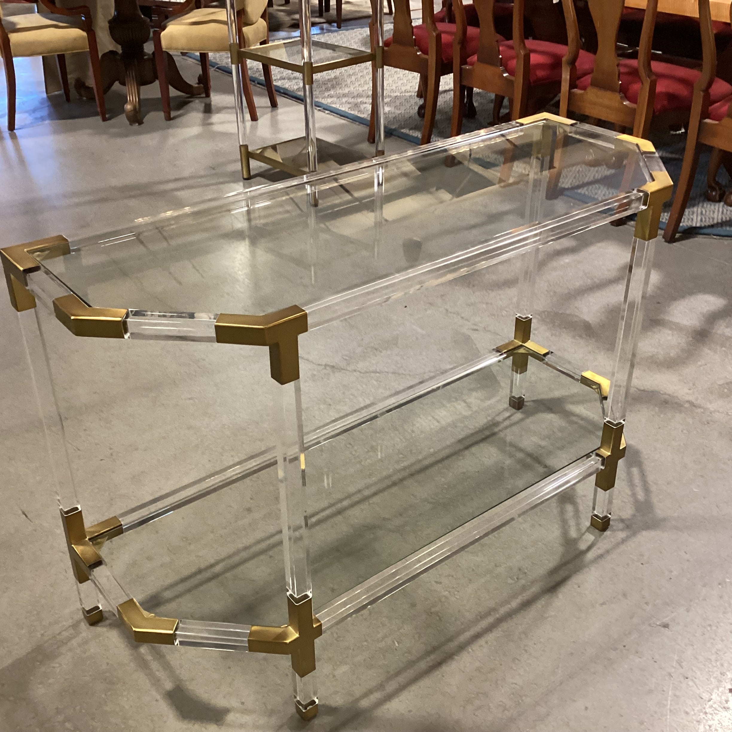 Anthropologie Oscarine Lucite & Glass with Brass Finished Metal Console Sofa Table 47"x 18"x 30"