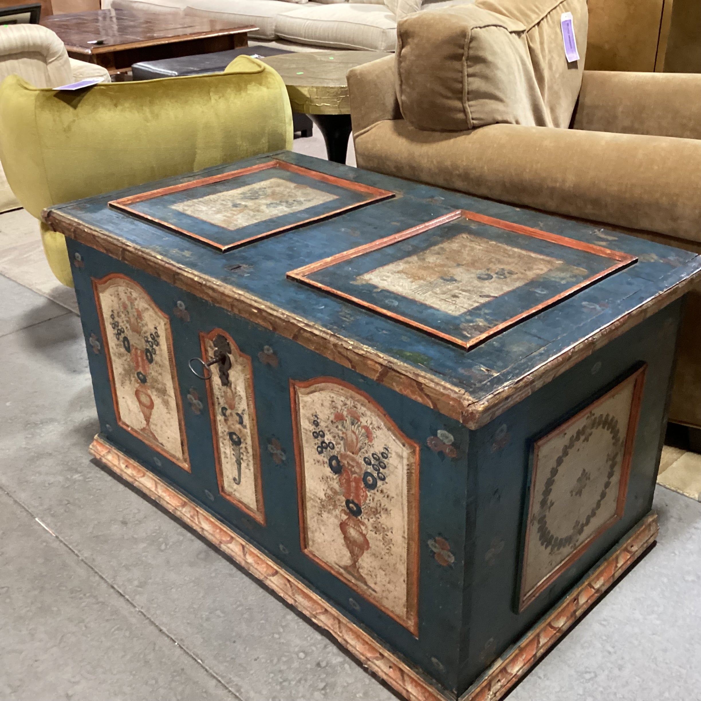 Antique Carved Wood with Hand Painted Floral Panels Trunk 42"x 25"x 23.5"