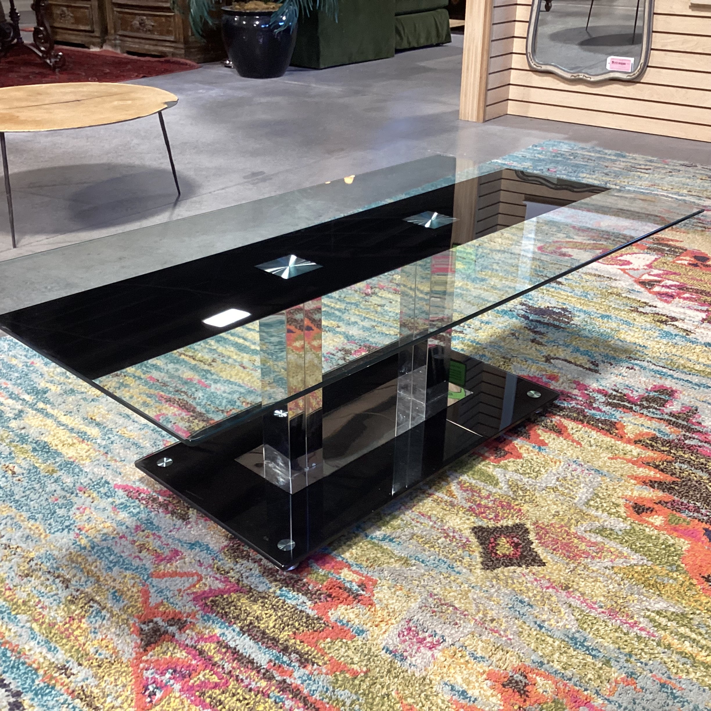 Clear Glass with Black Stripe & Chrome Coffee Table 47"x 25.5"x 16"