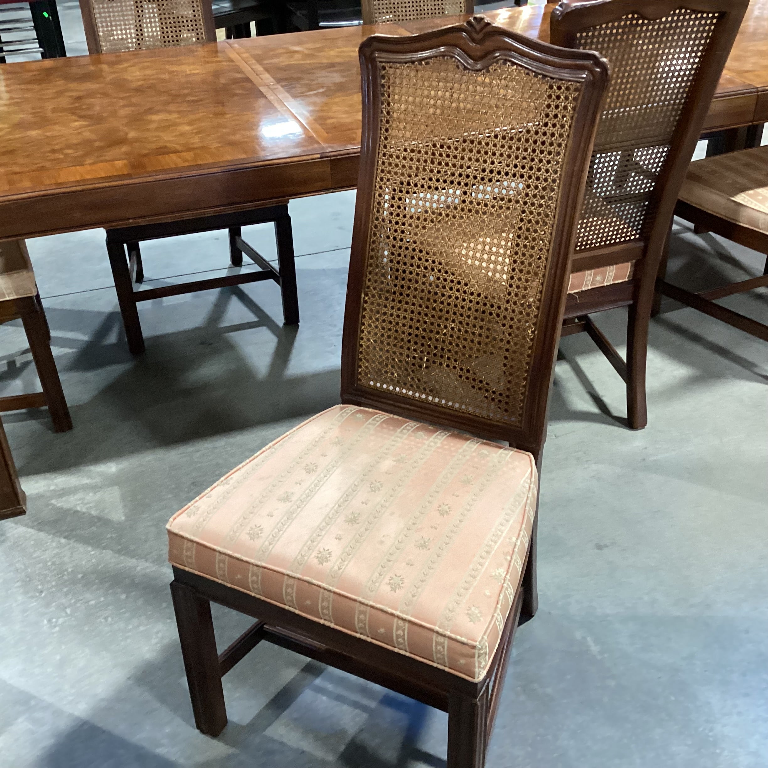 White Furniture Finished Wood & Burl Wood Veneer 2 Leaves Table with 8 Caned Chairs Dining Set 68" to 110"x 43"x 29.5"