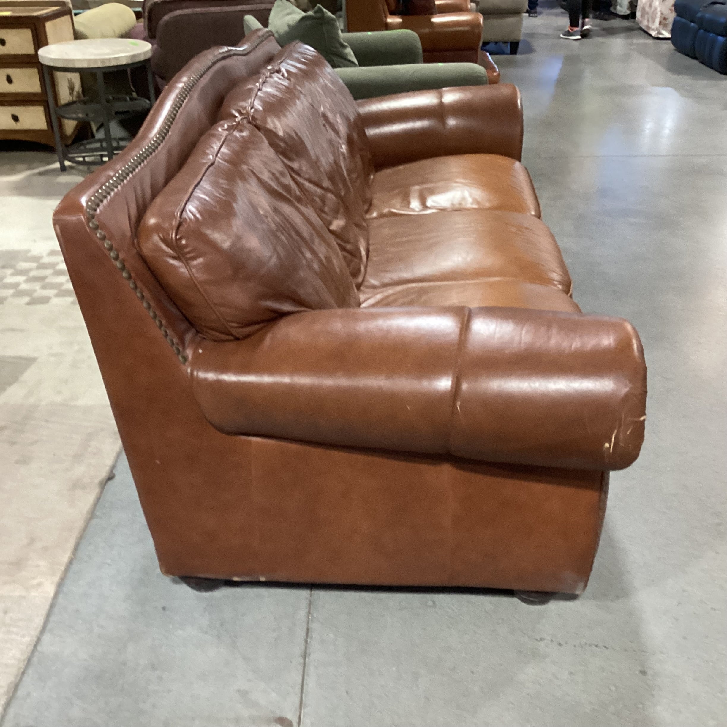 Brown Leather Nailhead Sofa 92"x 39"x 37"