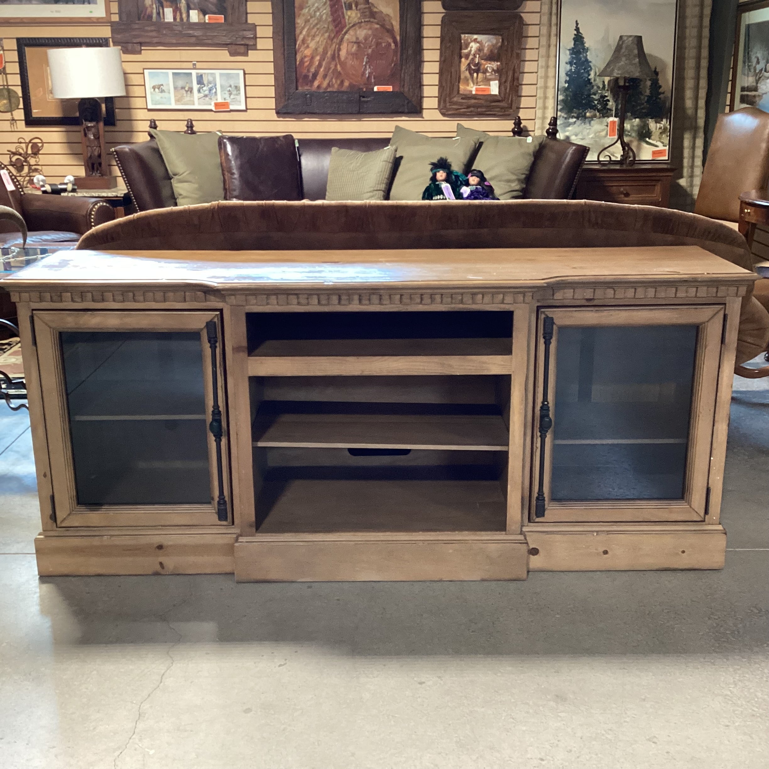 Light Greige Distressed Pine 2 Glass Door with Shelves Console Credenza 74"x 20"x 32.5"