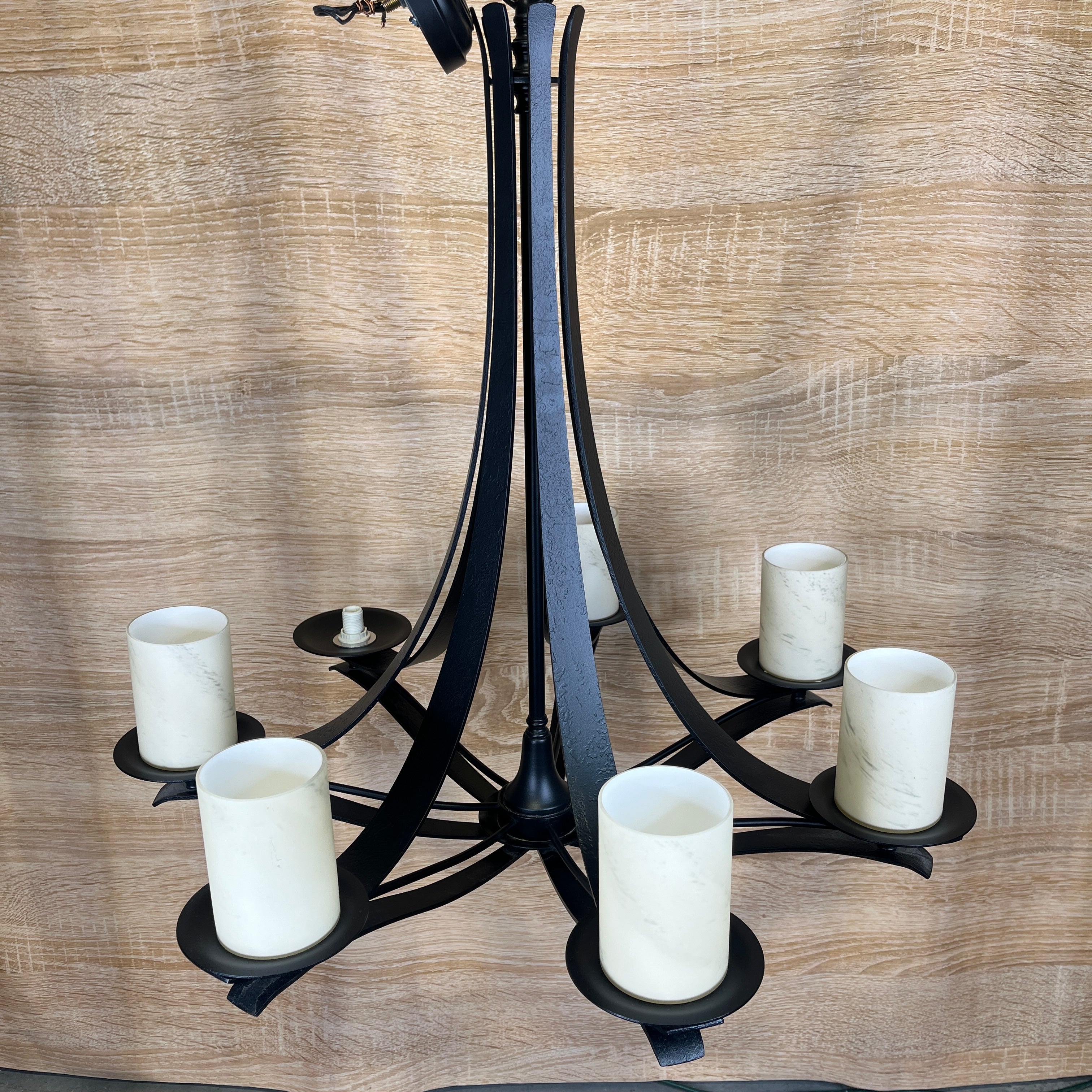 Spanish Revival Lighting 7-Light Wrought Iron with Marbled Glass Shades Chandelier 32" Diameter x 32" - 42"