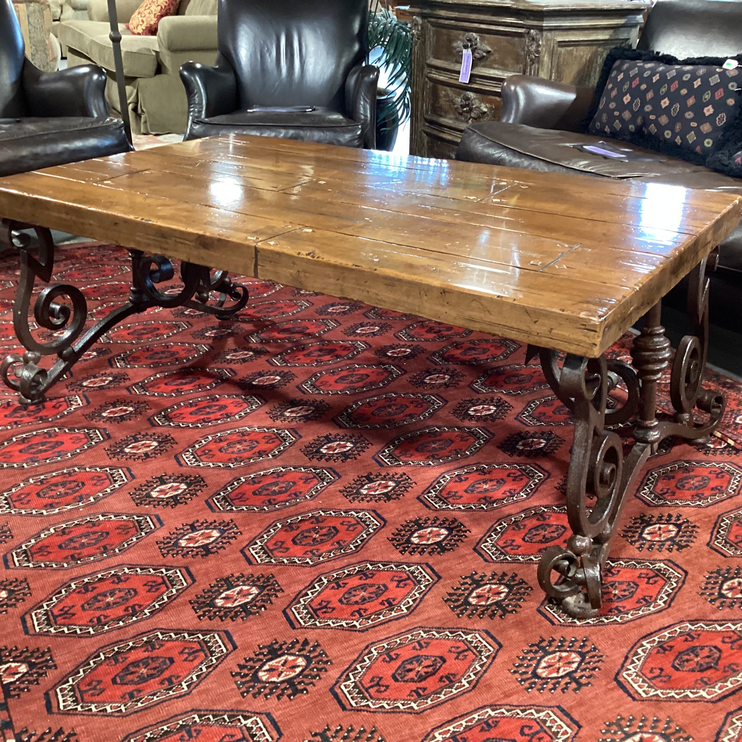 Rustic Distressed Solid Plank & Ornate Iron Coffee Table 54"x 32"x 21.5"