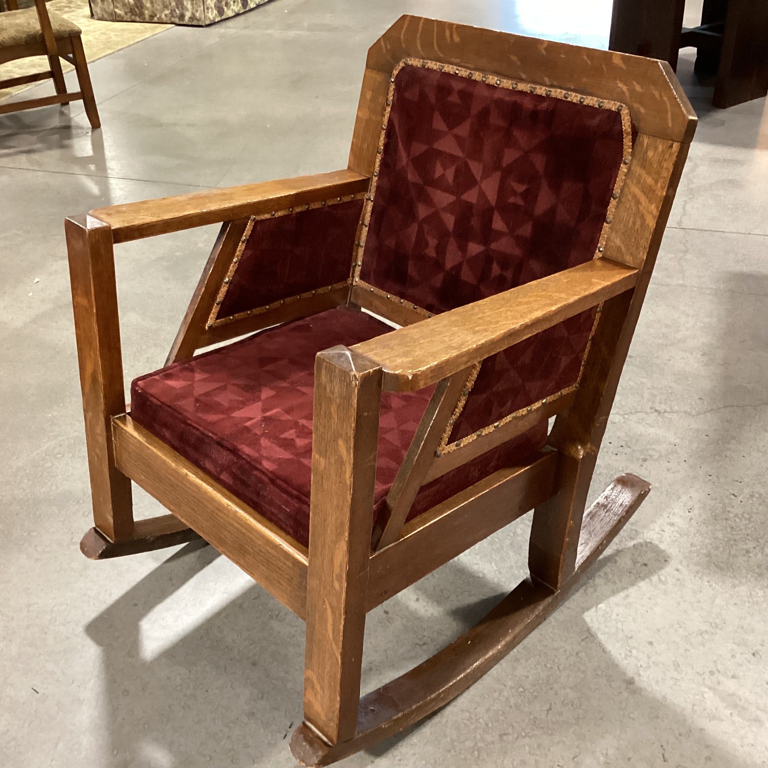 Antique Oak and Burgundy Velvet Nailhead Rocking Chair 29”x 36”x 37”