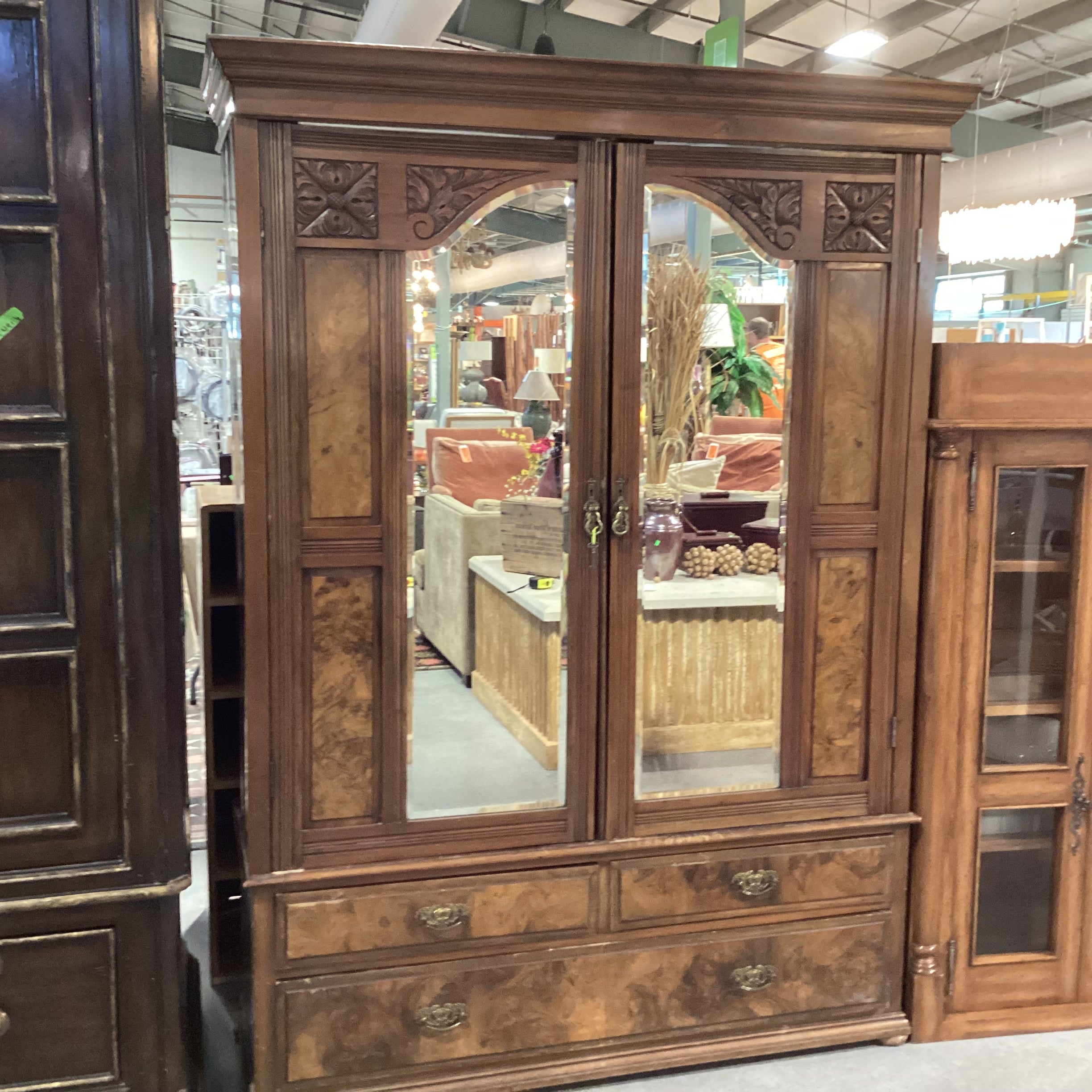 Antique Finished Carved Wood & Burl Veneer Mirrored 2 Door with Shelves Armoire 57.5"x 20"x 78.5"