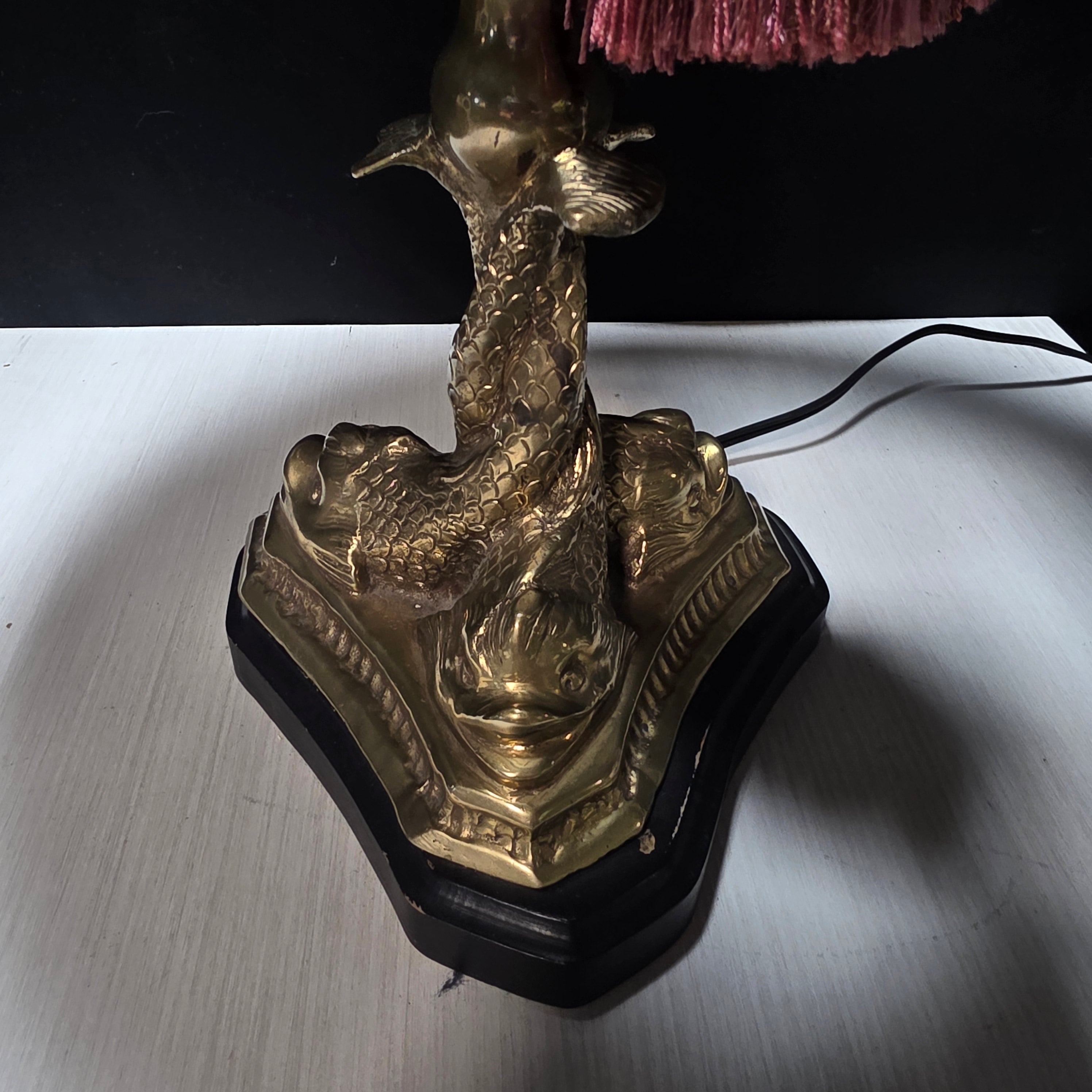 Vintage 3 Koi Fish Brass Two Light Lamp with Tassle 15"Dx21"