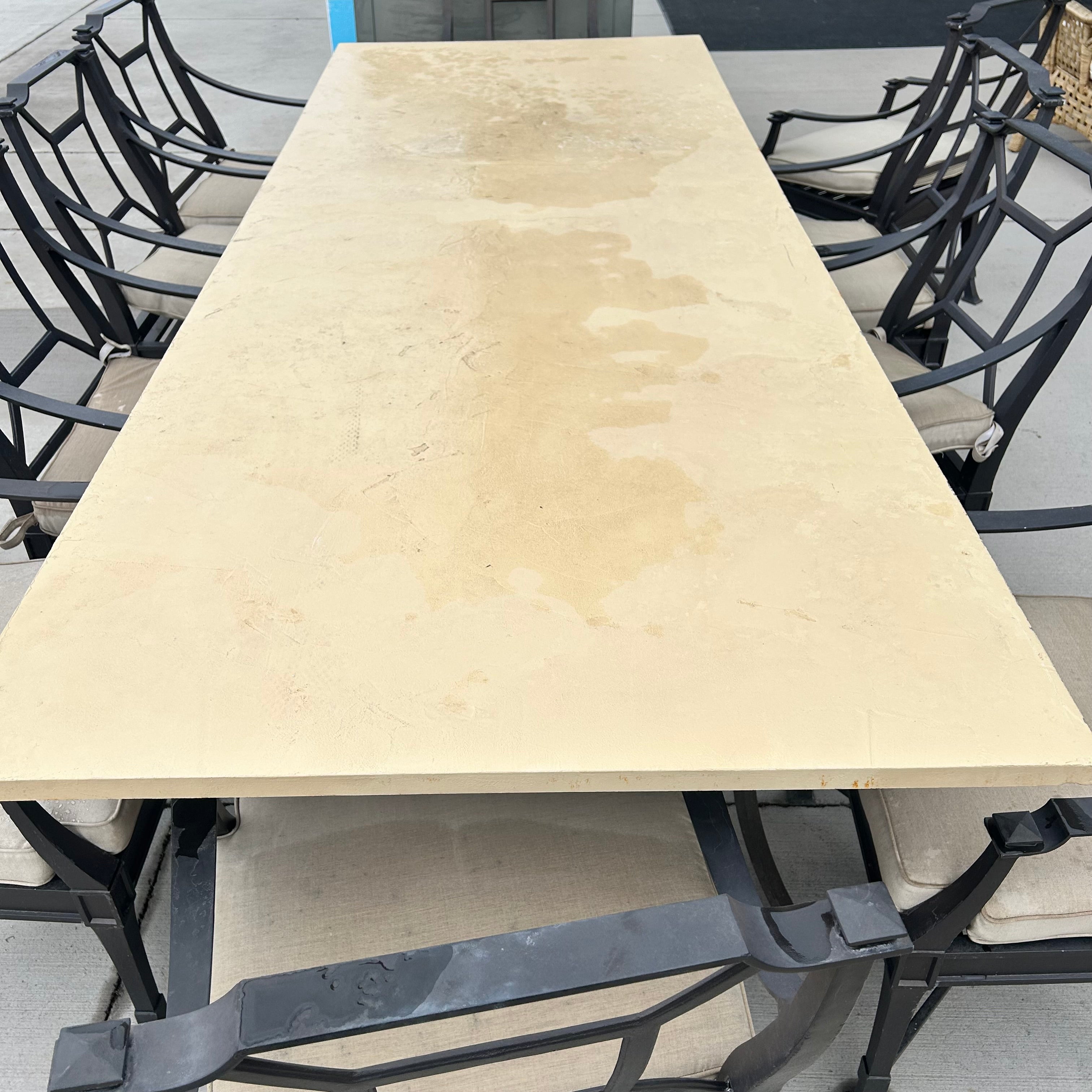 Large Stone Top Dinning Table With 10 Iron Chais With Cushions Table Is 44.5"x 118"x 1.5" Chairs are 24"x 33"x35"
