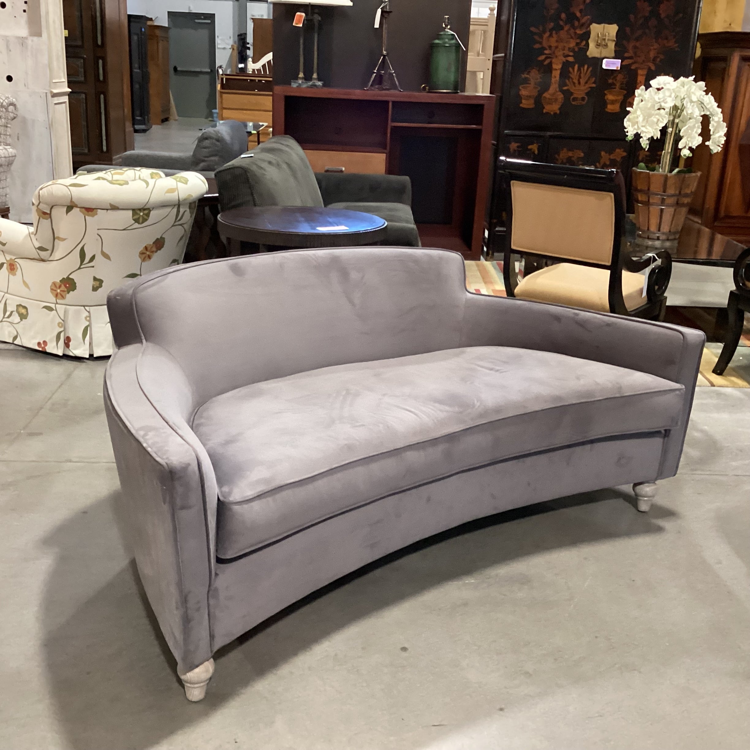 Grey Plush Velvet with French Washed Oak Feet Curved Sofa 70"x 41"x 29"