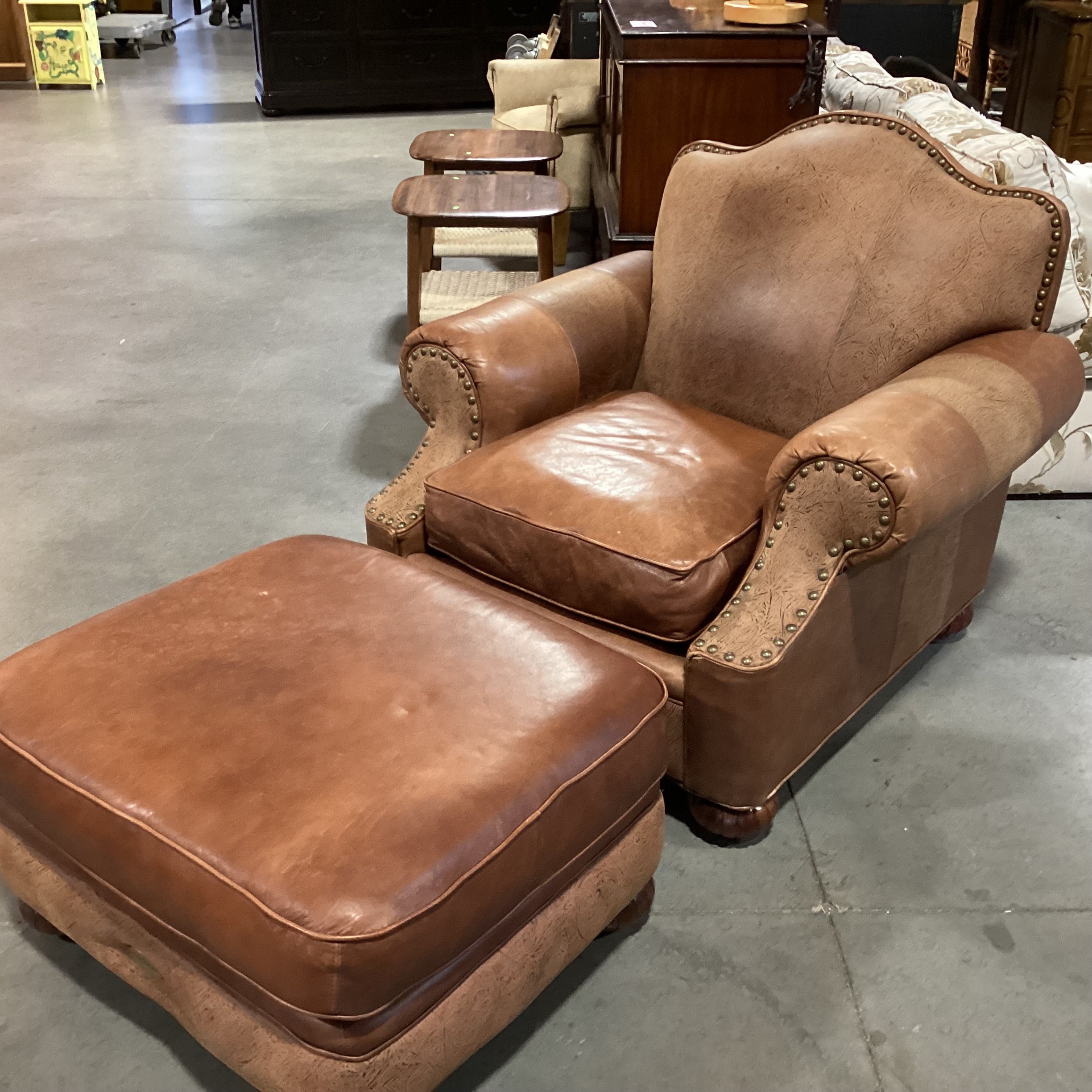 Bab Timberlake for Lexington Leather Nailhead Embossed Detail with Ottoman Chair 39"x 39"x 36"