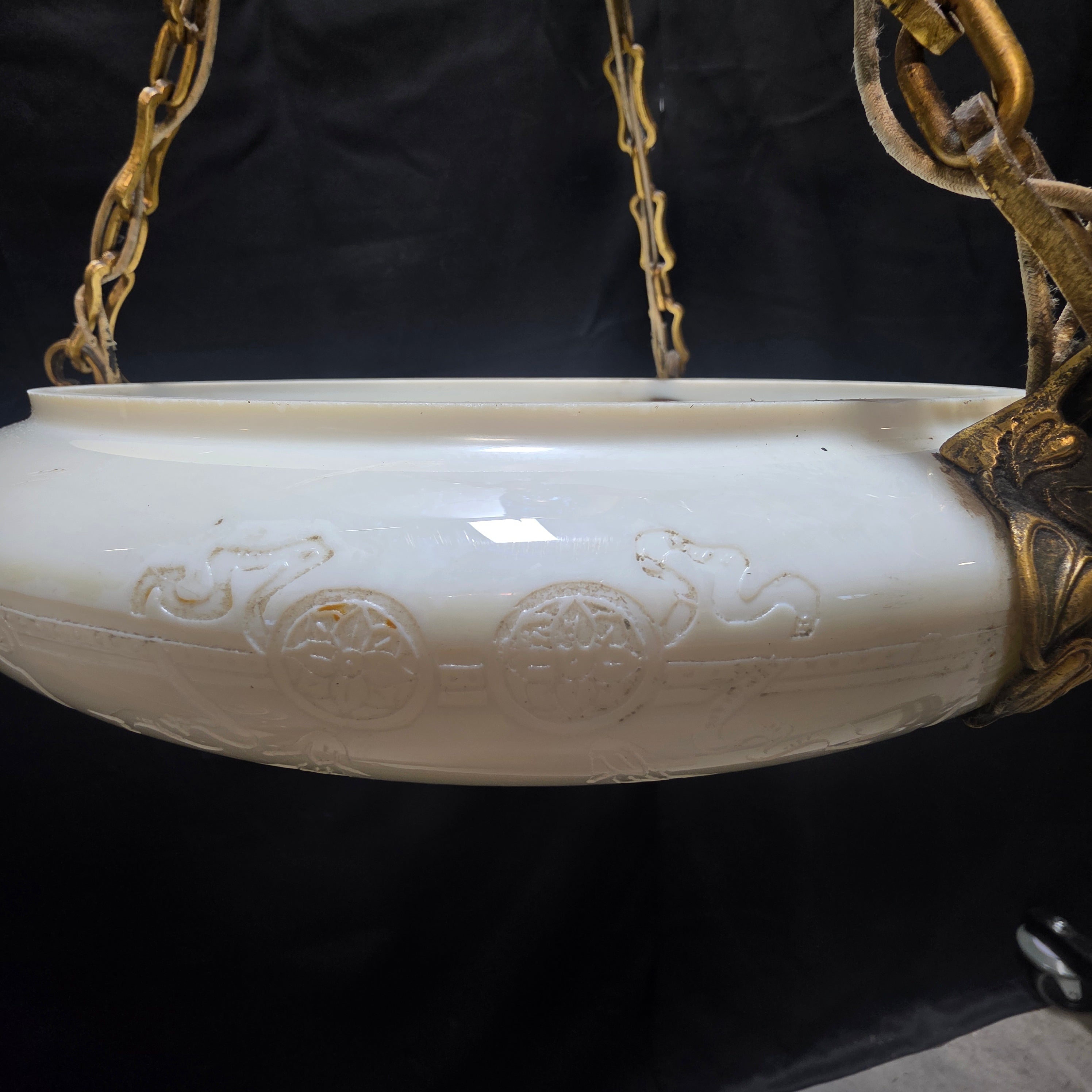 Circa 1920's - 1930's Antique Neoclassical Milk Glass Three Light Chandelier/Pendant 16.5"Dx21"