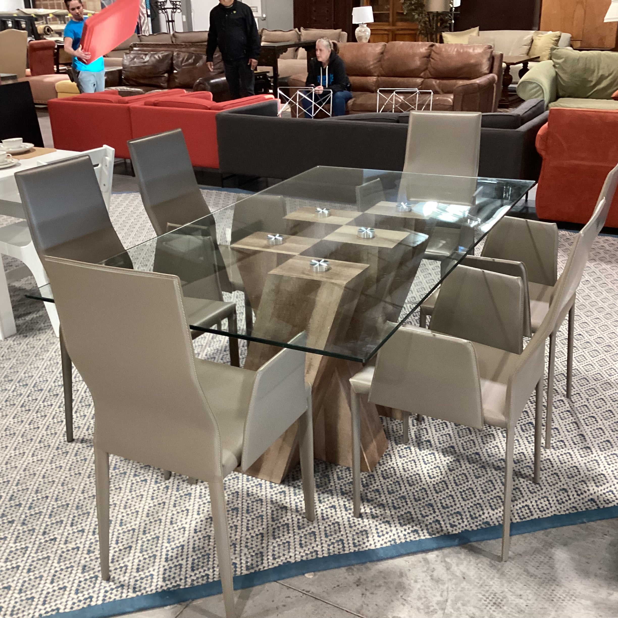 Modern Simulated Wood Grain Finish & Glass Table with 6 Taupe Regenerated Leather Wrapped Chair Dining Set 71"x 39"x 30"