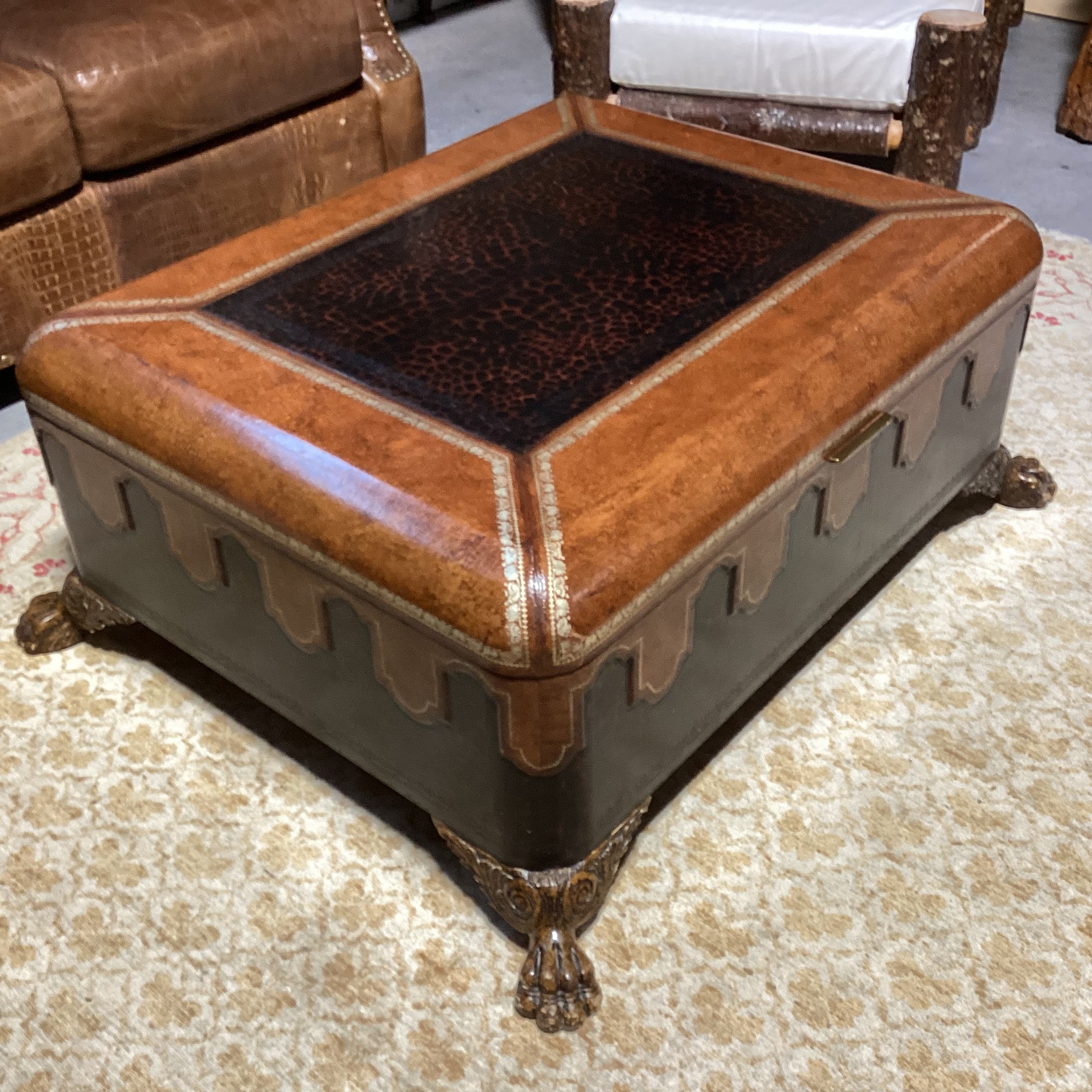 Maitland Smith Leather with Gold Stamping & Carved Clawfoot Trunk 44"x 35"x 18"