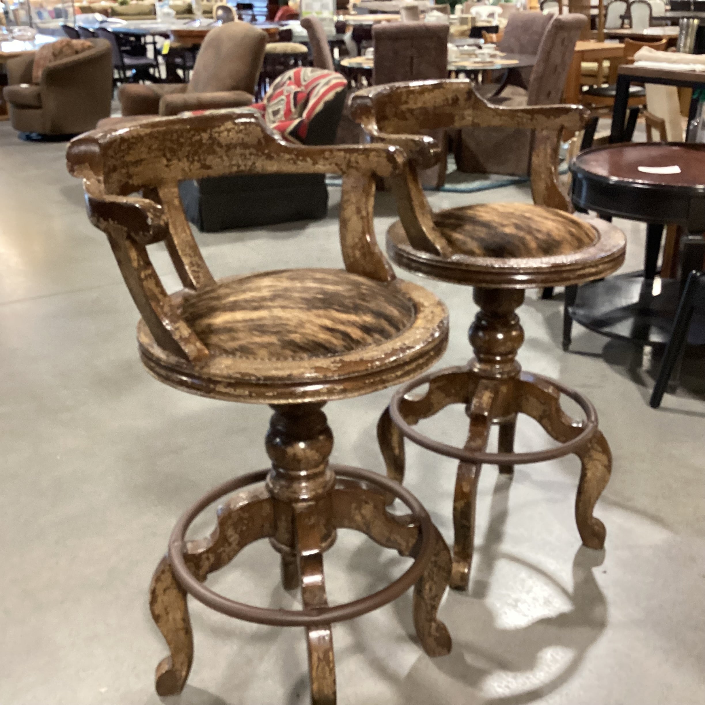 SET of 2 CBS Carved Wood Dark Desert Finish with Crackle Detail Brindle Cowhide Nailhead Swivel Barstools 31"