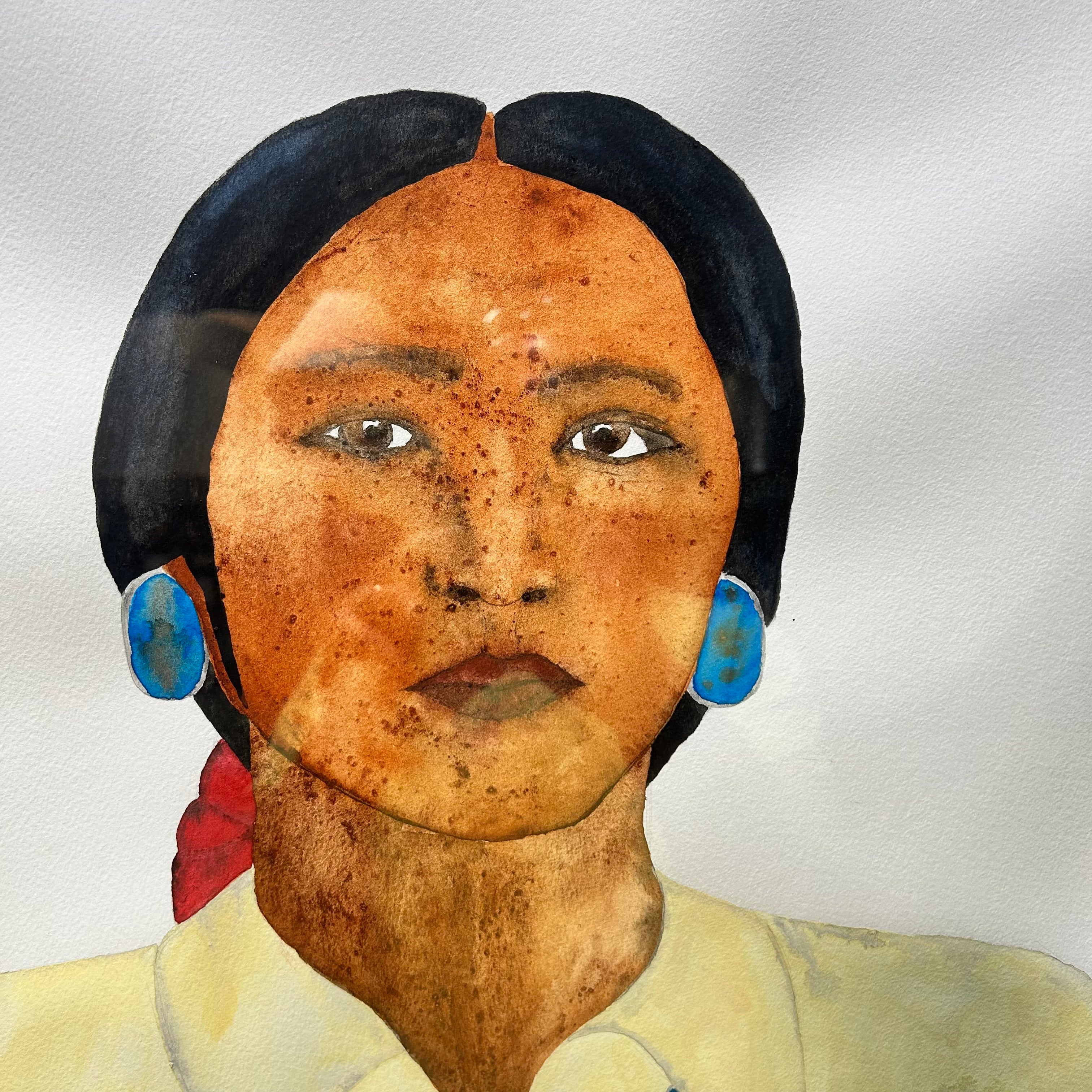Lisa FiField 1995 Water Color "Navajo Woman" With Burl Wood Frame  32"x 39"