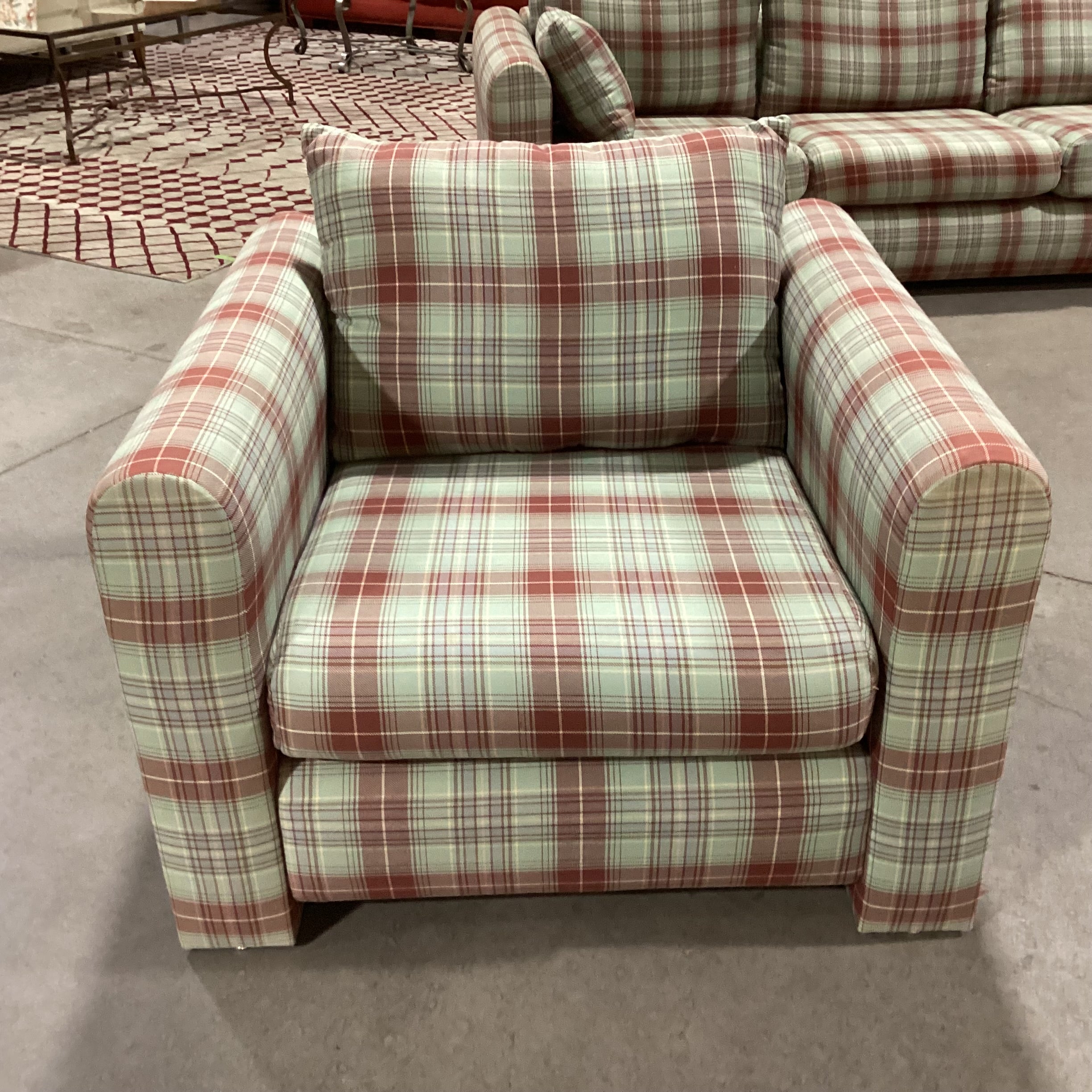 Green Rust Blue Woven Plaid with Ottoman Chair 38"x 36"x 25"