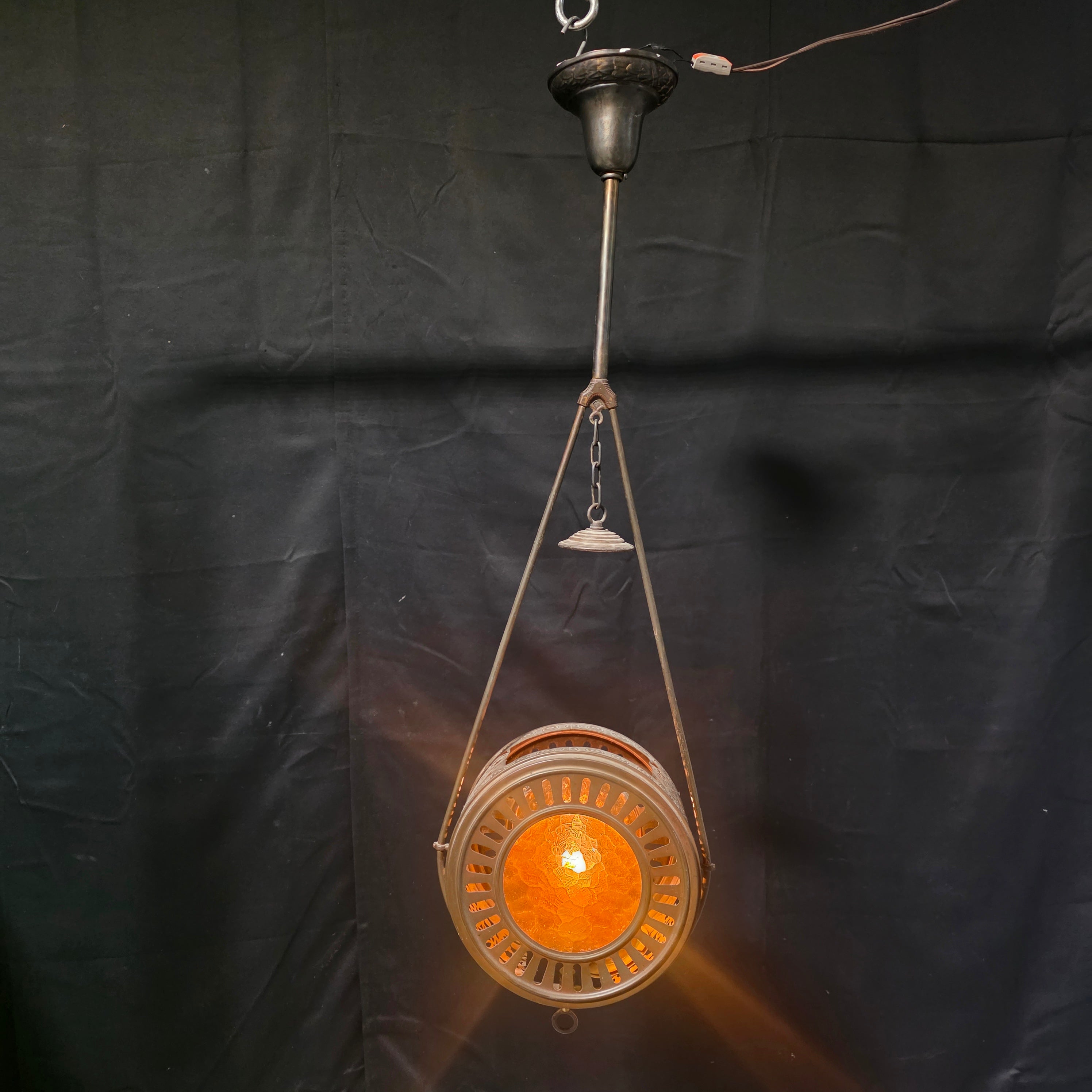 Circa 1860's East Lake Aesthetic Converted Oil Amber Glass Pendant Light 12"x6.75"x40"