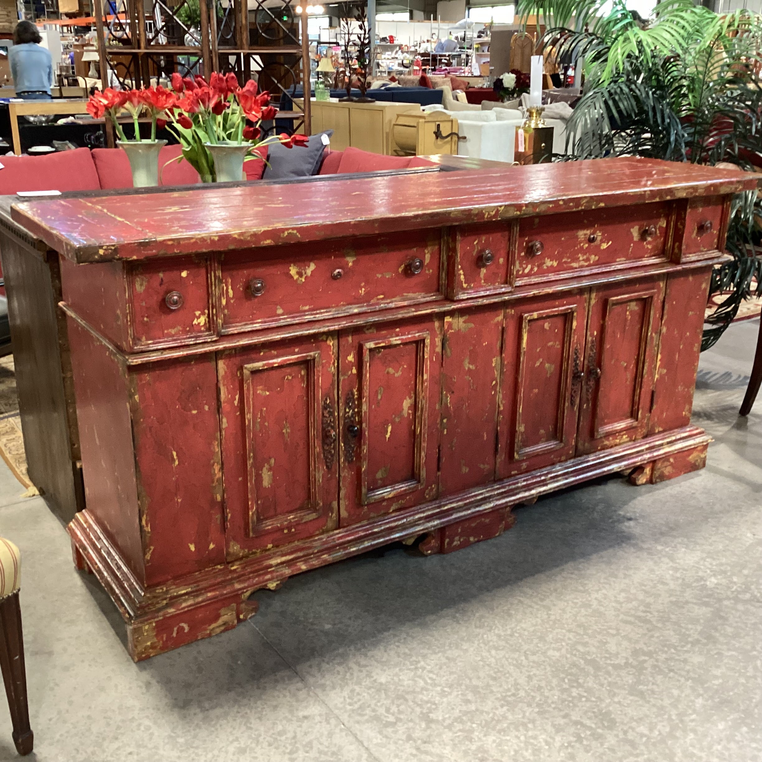 Red & Gold Textured Antiqued Finish Solid Wood 5 Drawer 4 Door Credenza 83"x 22"x 39"