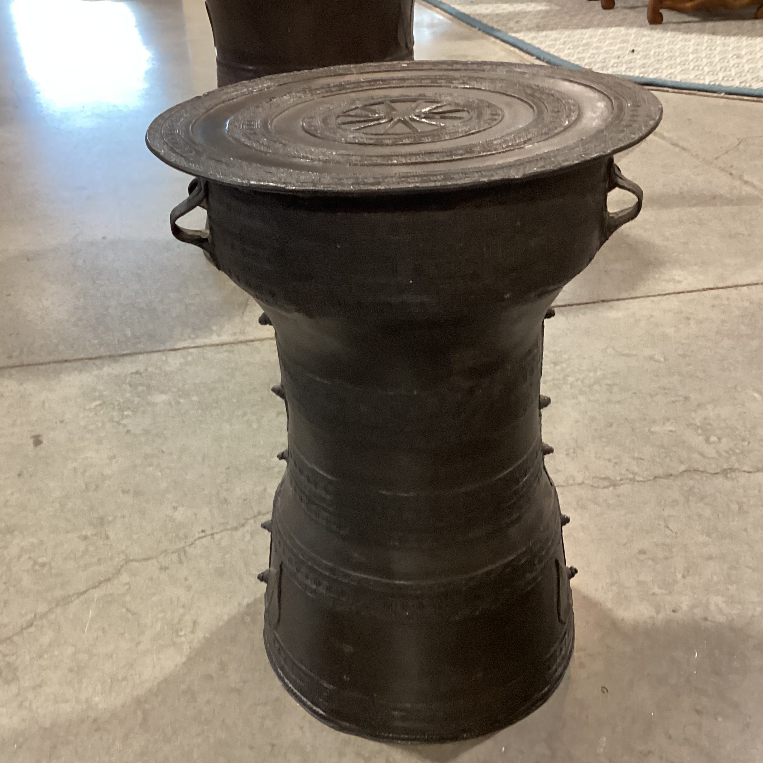 Asian Bronze Rain Drum Style Accent Table 13" Diameter x 18"