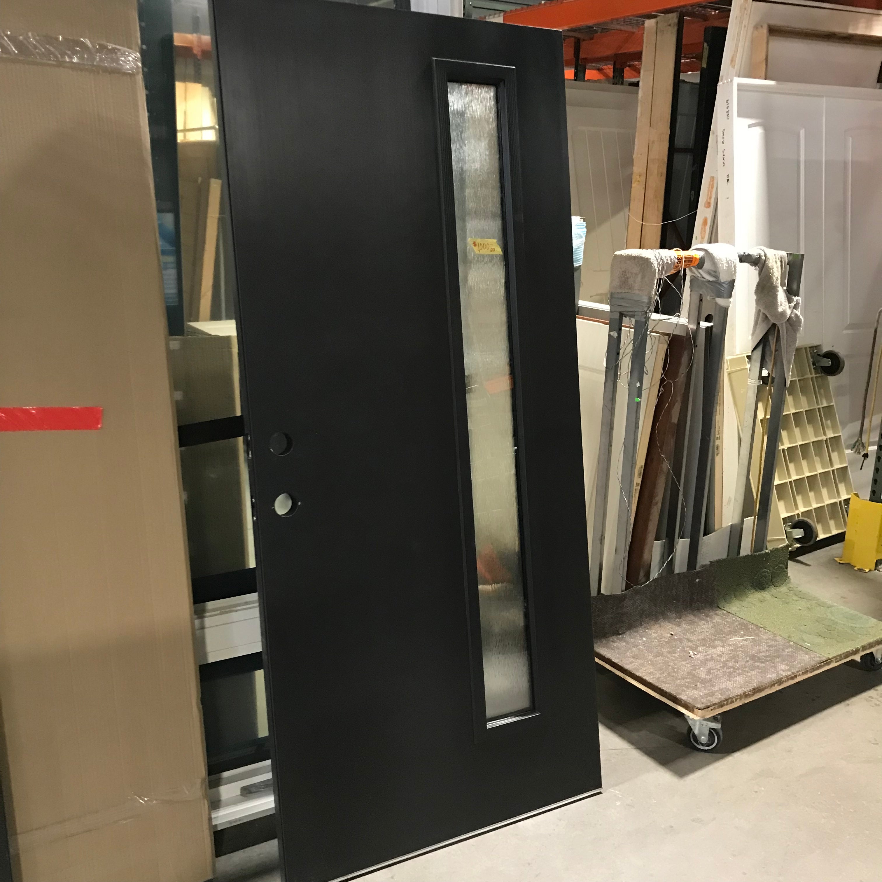 36"x 79"x 1.75" Black Composite Universal Swing with Frosted Lined Vertical Window Exterior Door