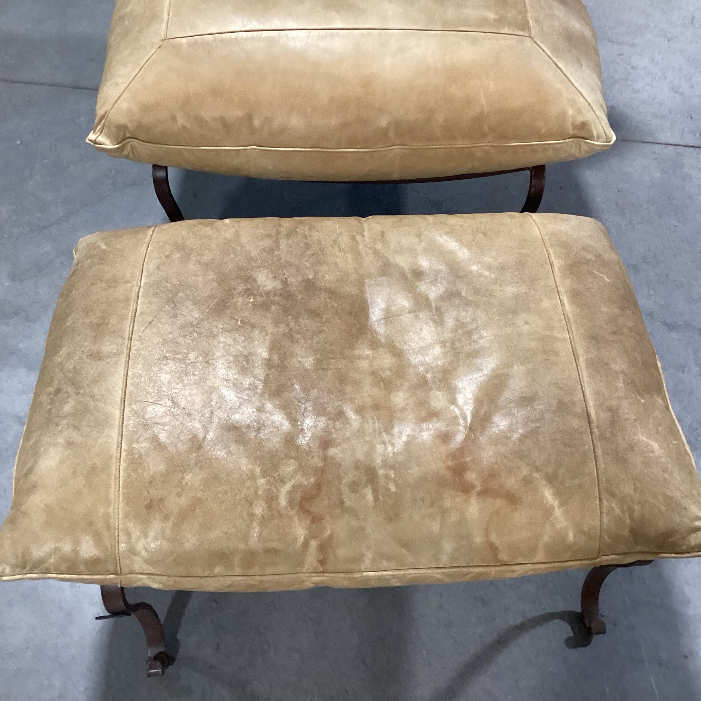 Blonde Leather & Down Cushions Iron Base with Ottoman Chair 34"x 42"x 38"