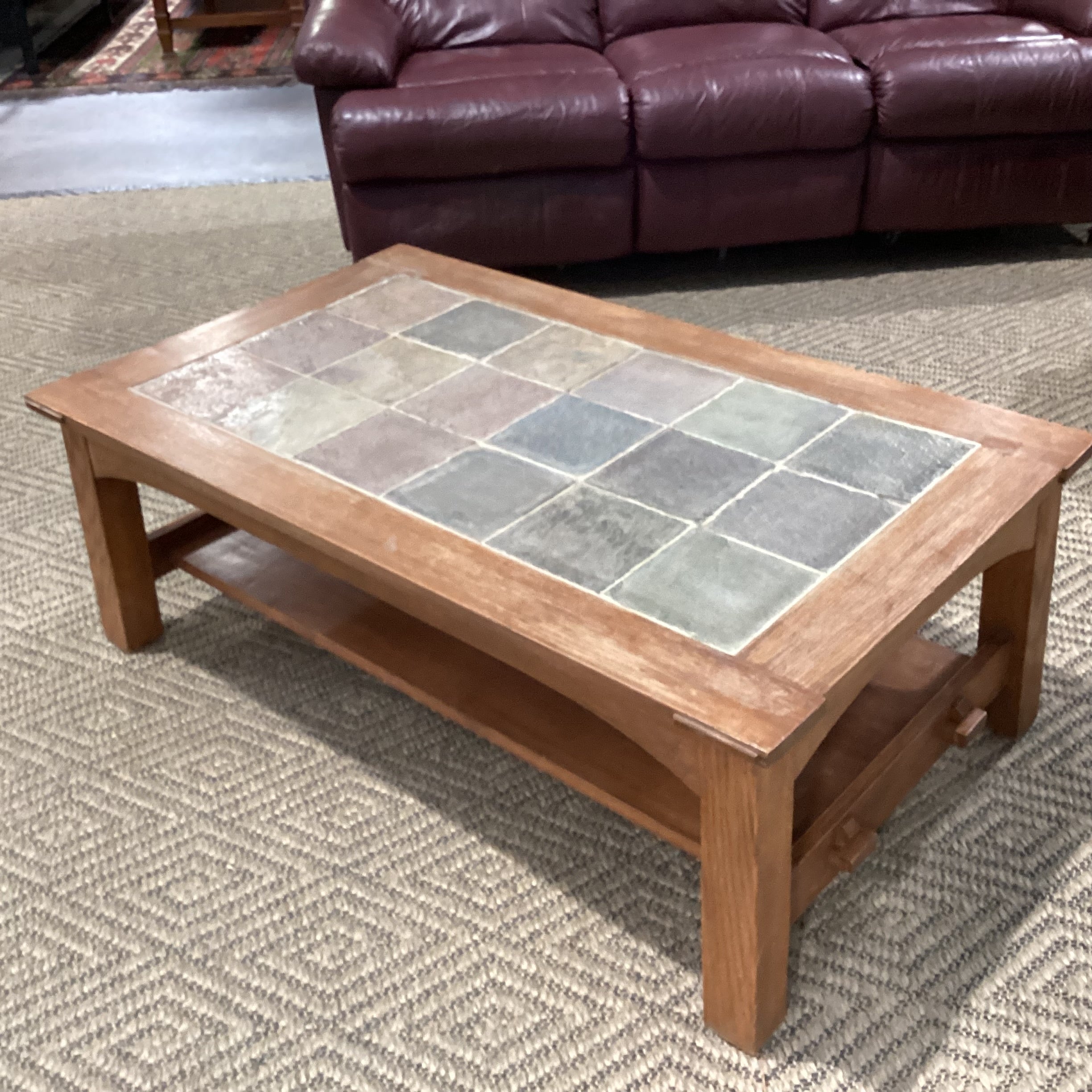Natural Light Finish Wood & Slate Stone Tile Coffee Table 50.5"x 30"x 18"