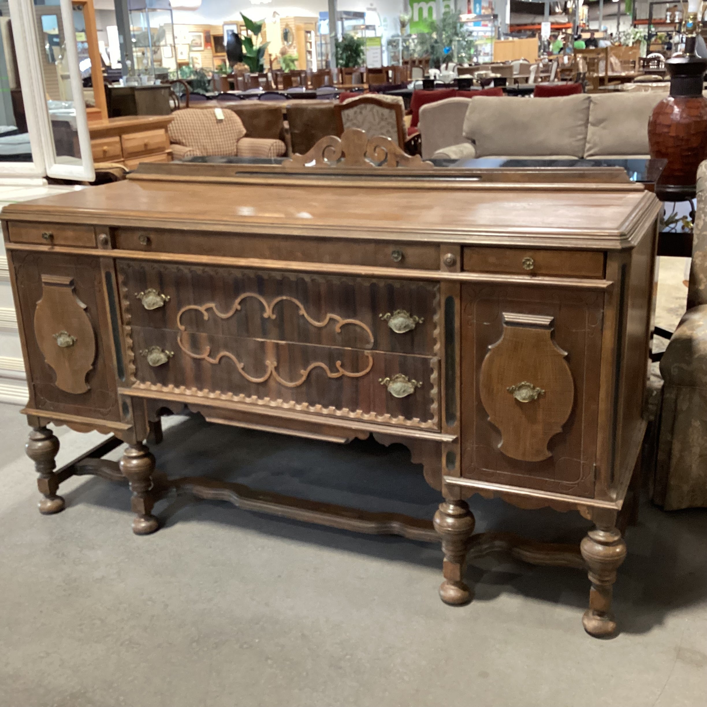 Antique Carved Detail & Ornate Molding 5 Drawer 2 Door Sideboard 67"x 22.5"x 43.5"