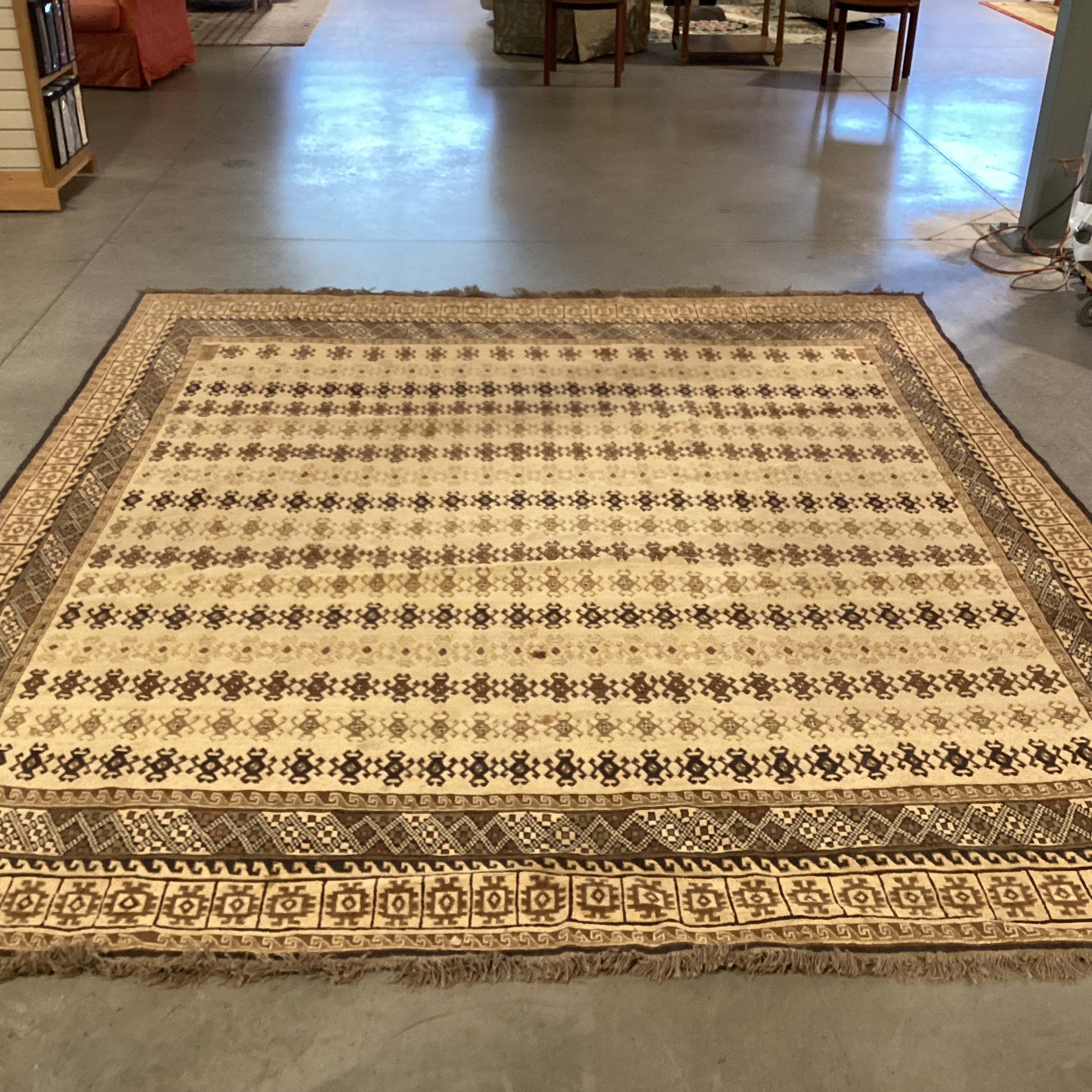 Vintage Tan & Brown Hand Woven Wool Rug 9'x 10'4"