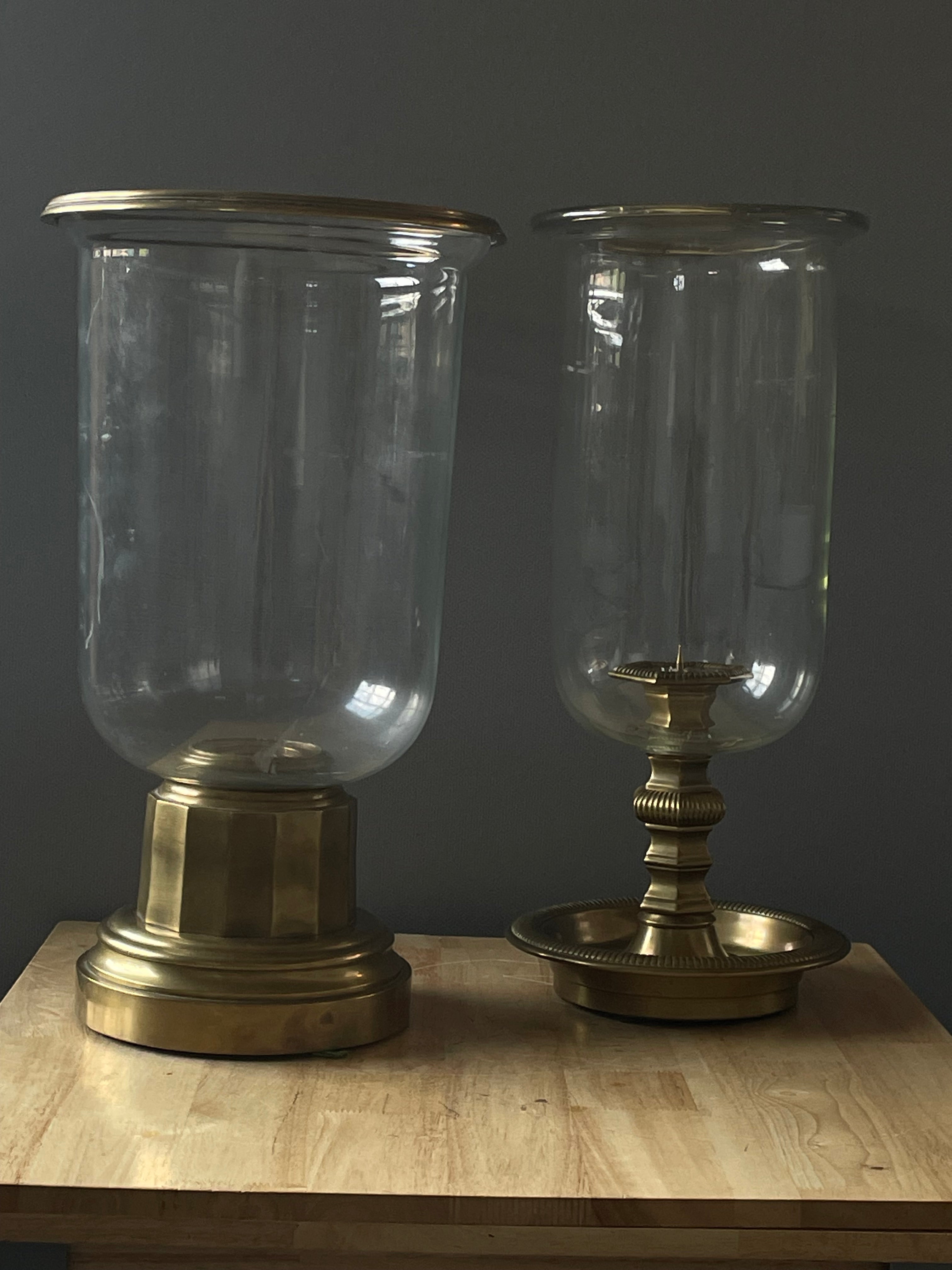 Set of 2 Classic Brass/Glass Pillar Hurricane Candle Holders