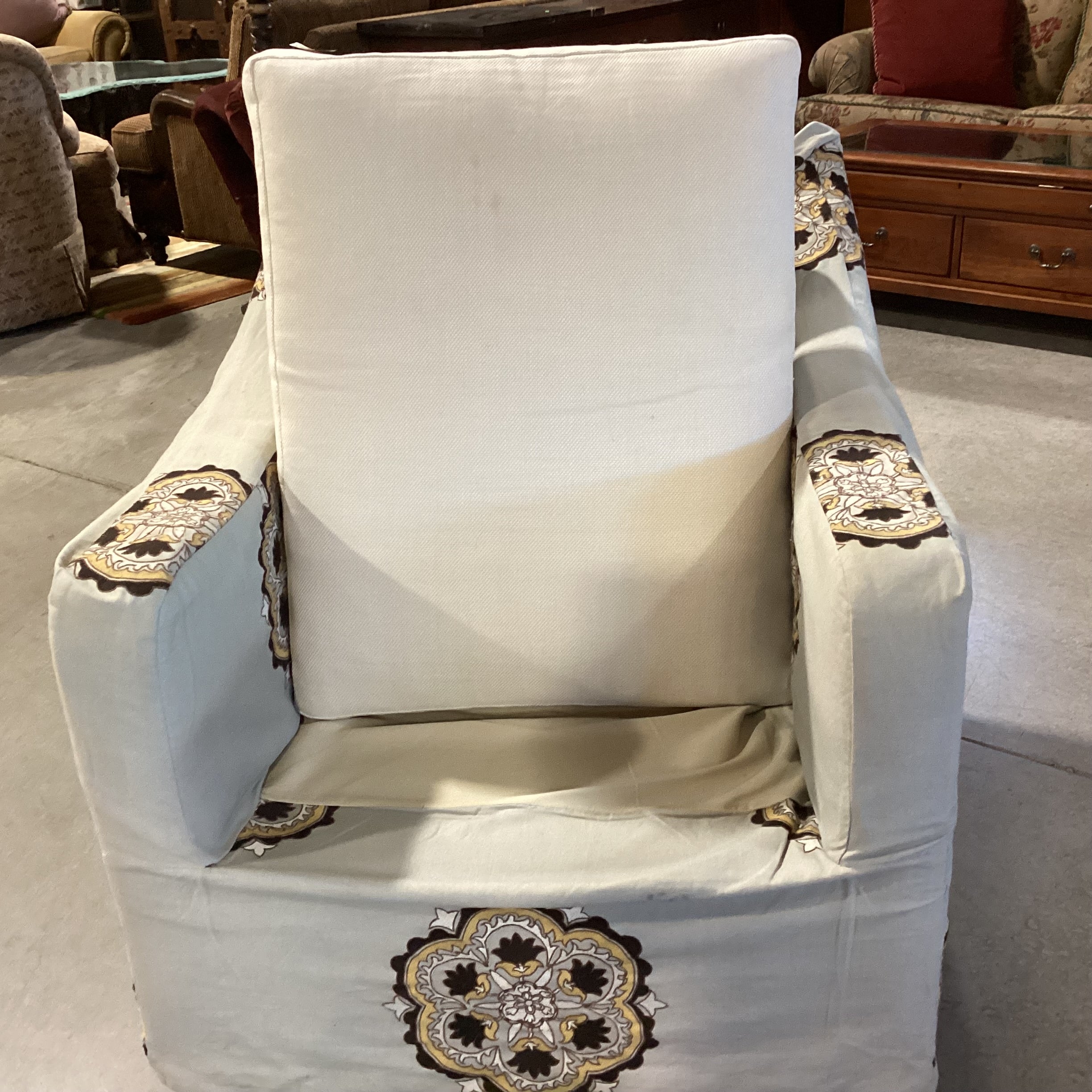 Grey with Brown Gold Medallion Slipcover Down MIx Swivel Chair 32"x 39"x 33"