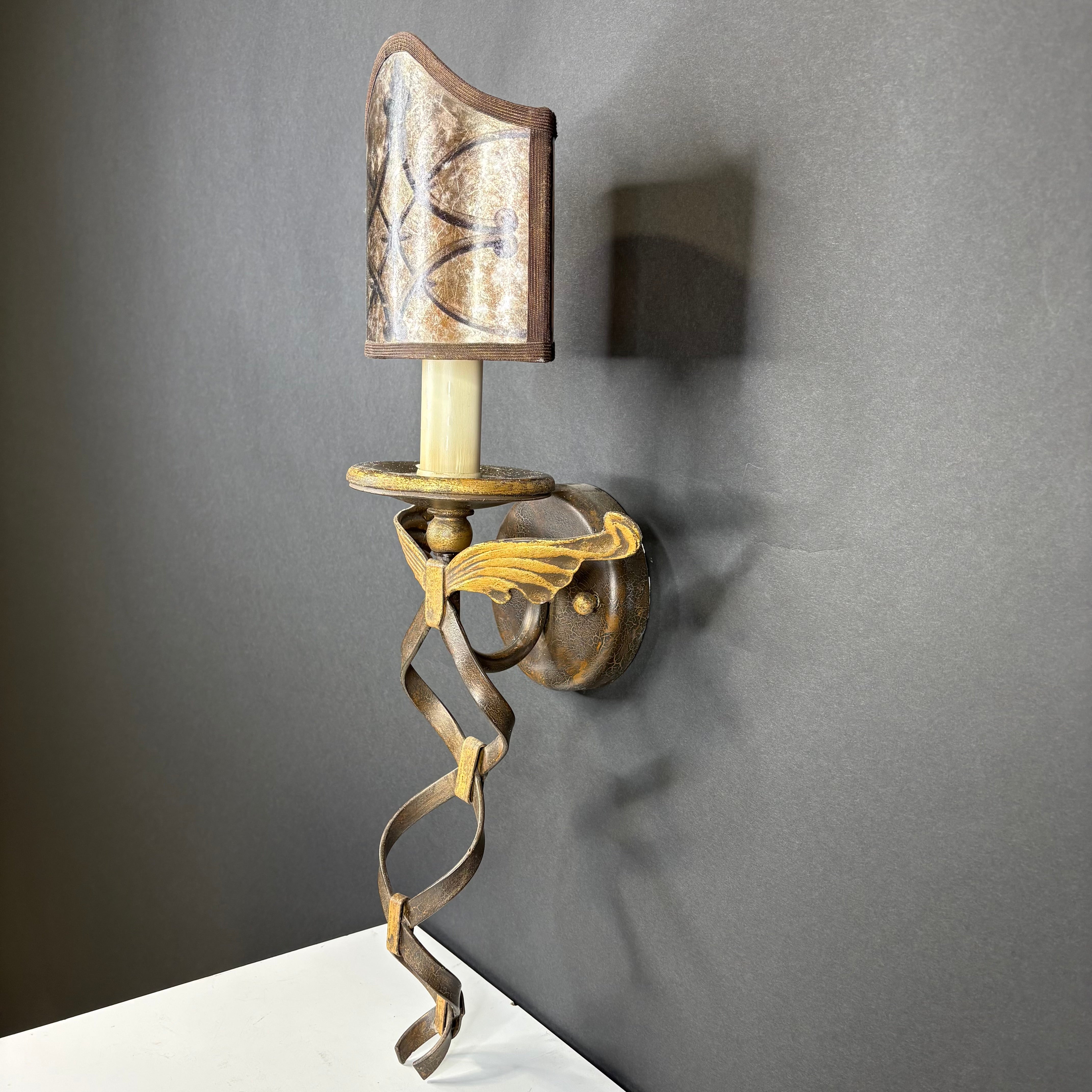 Fine Arts Villa 1919 1-Light Rich Umber Gilded Accents with Hand Decorated Mica Shade Wall Sconce 8”x 22”x 6.5”