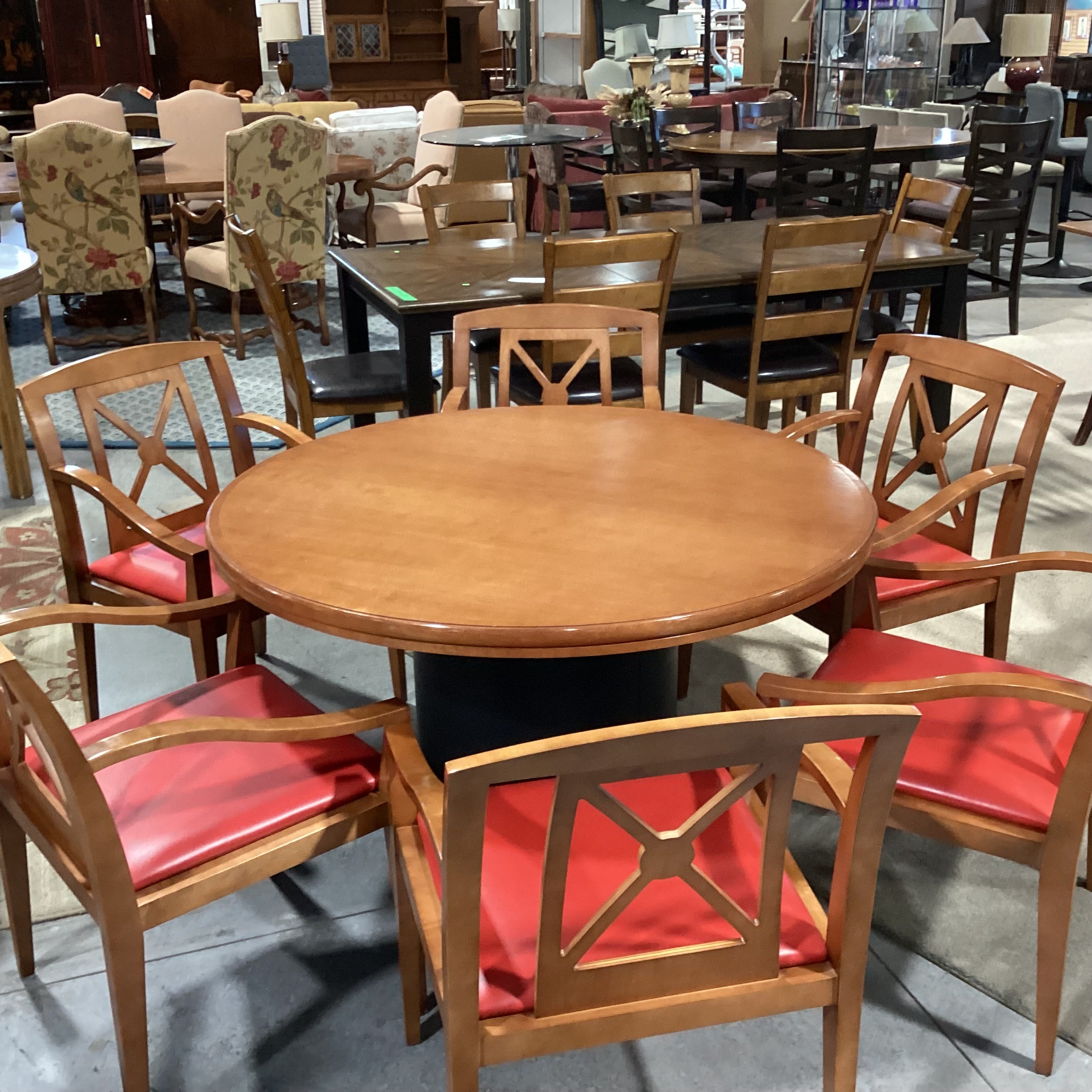 Round Finished & Pressed Maple Black Leather Like Pedestal Table with 6 Red Leather Like Chairs Dining Set 48" Diameter x 29"