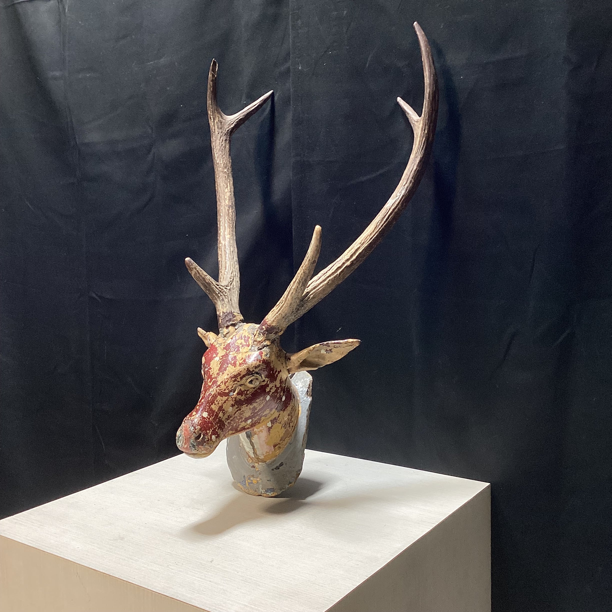 Antique - Vintage Carved Wood Deer Head With Real Antlers 14" x 28"