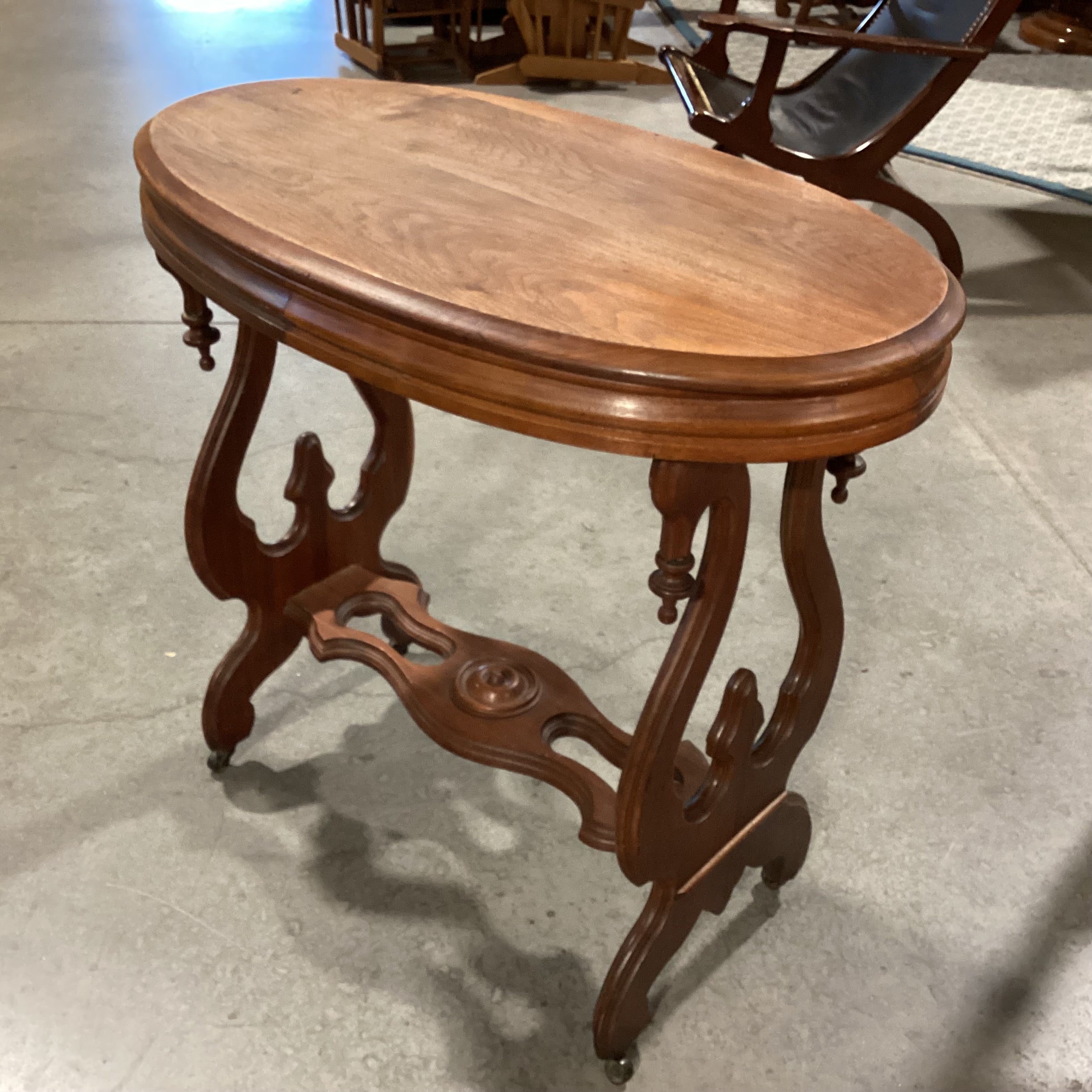 Antique Ornate Carved Sides & Trestle on Casters Oval Accent Table 33"x 19"x 30"