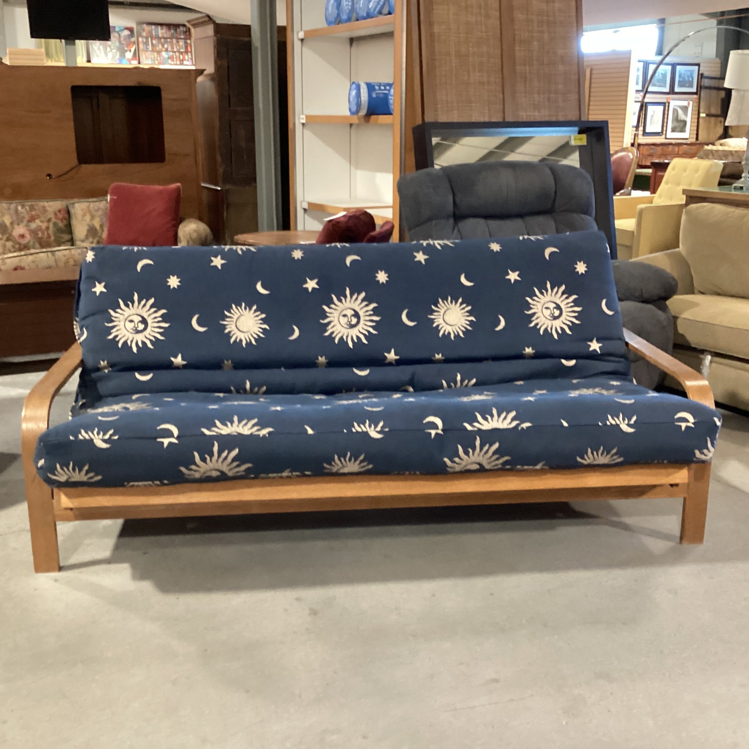 Oak & Blue With Sun Moon & Stars Cushion Futon Sofa 80"x 42" to 56"