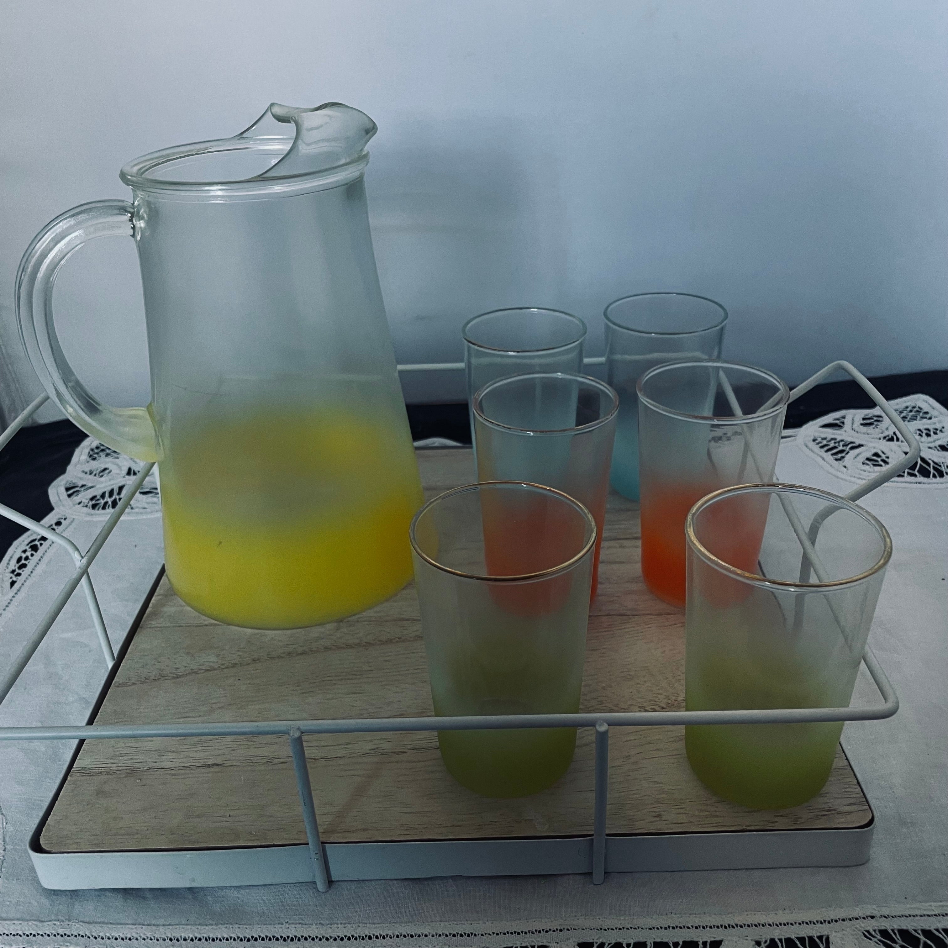 Set of 7 Vintage West Virginia Glass Blendo Pitcher with 6 Glasses