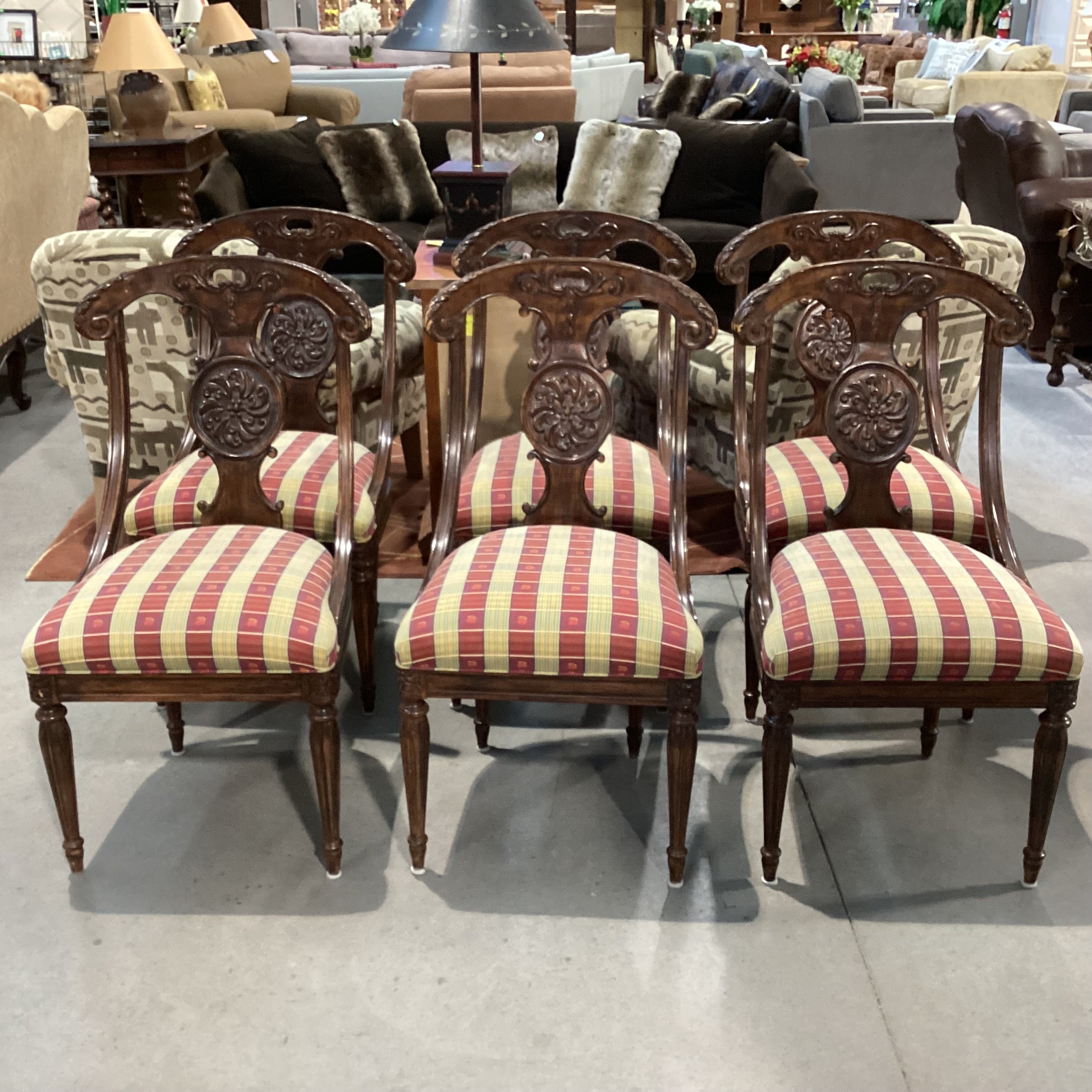 SET of 6 Ornate Carved Wood & Gold Red Cherry Ribbon Dining Chairs 20"x 24"x 38"