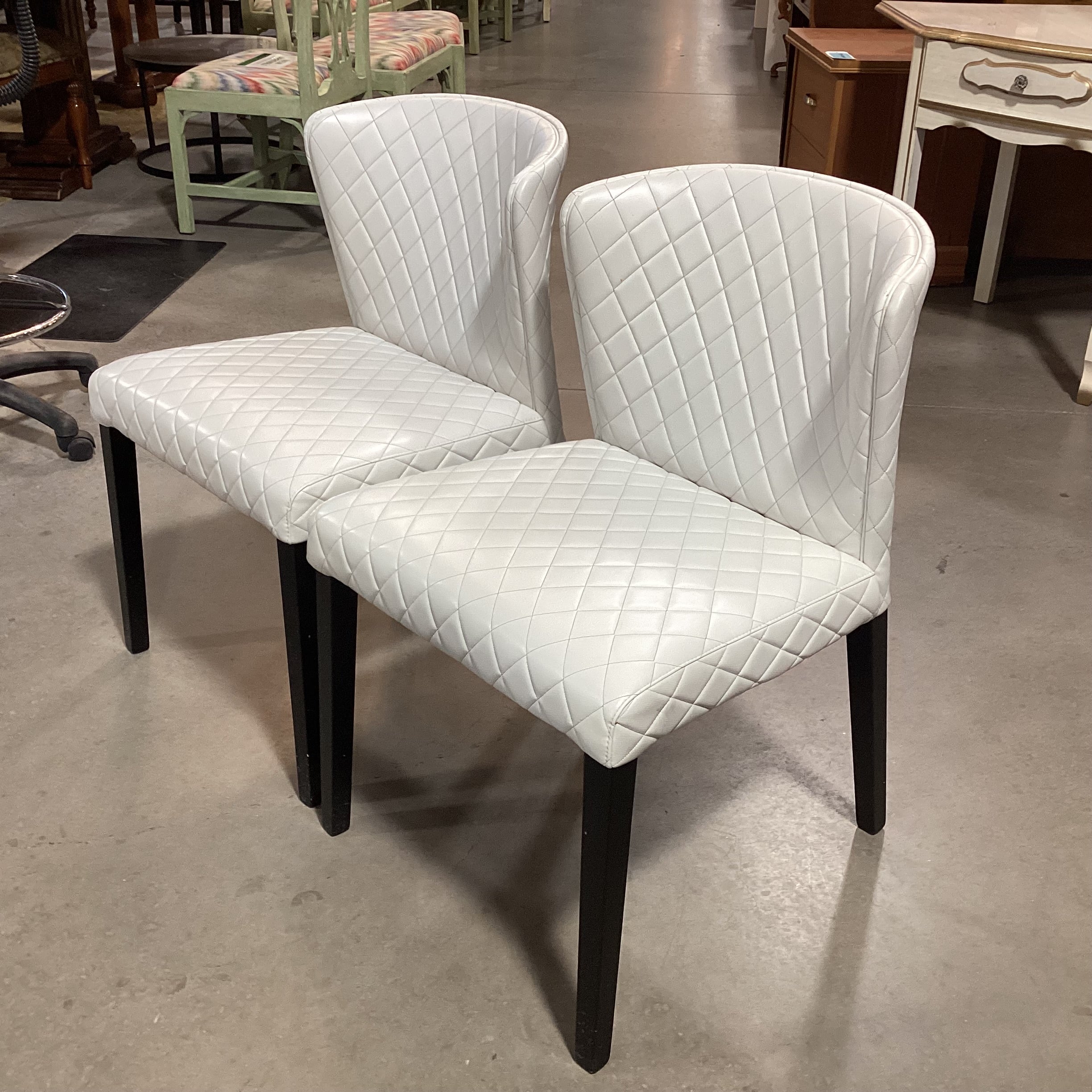 SET of 2 Crate & Barrel Curan White Quilted Faux Leather & Black Wood Dining Chairs 21"x 23"x 32"