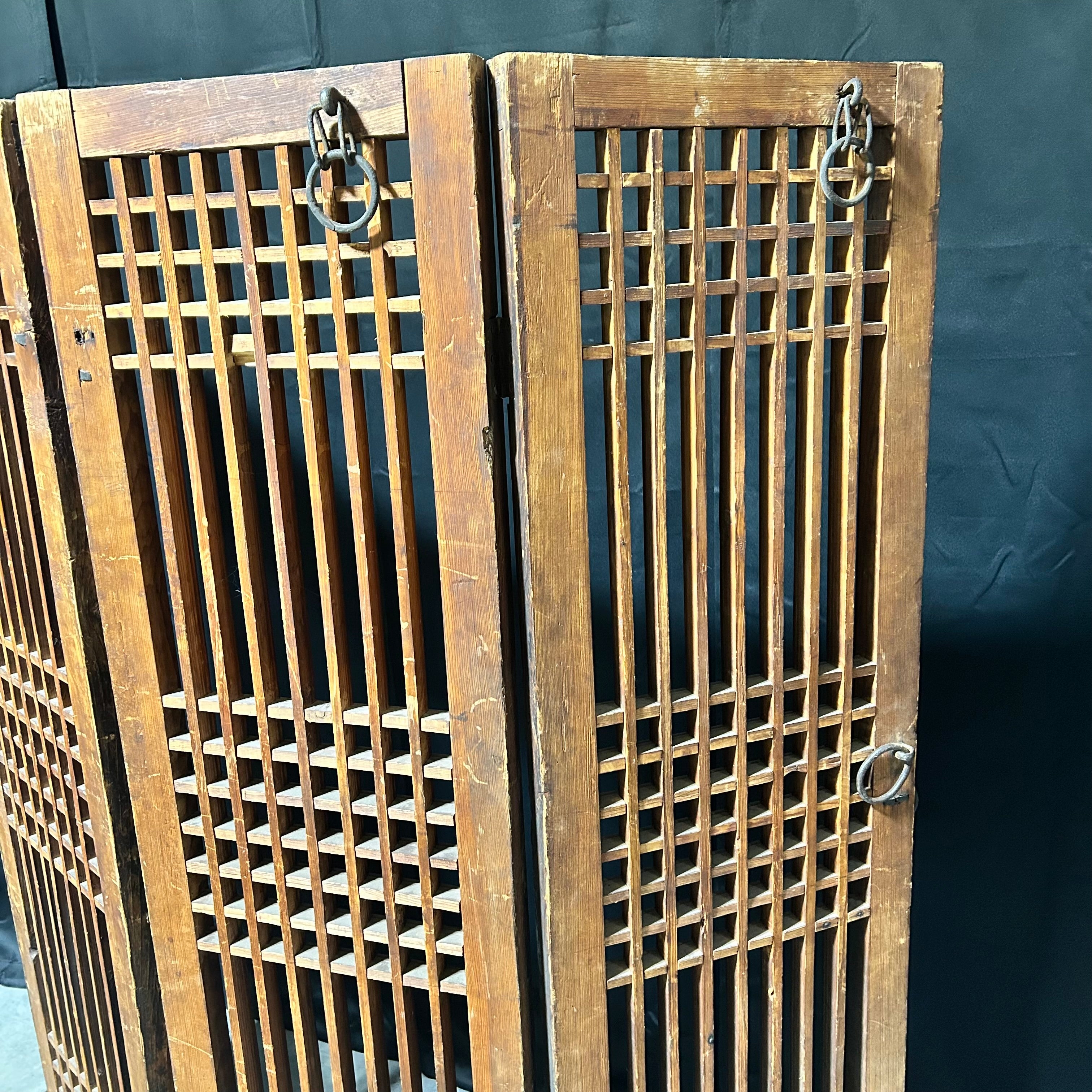 Oriental Antique Four-Panel Wooden Screen With Iron Hardware 62"x 64"