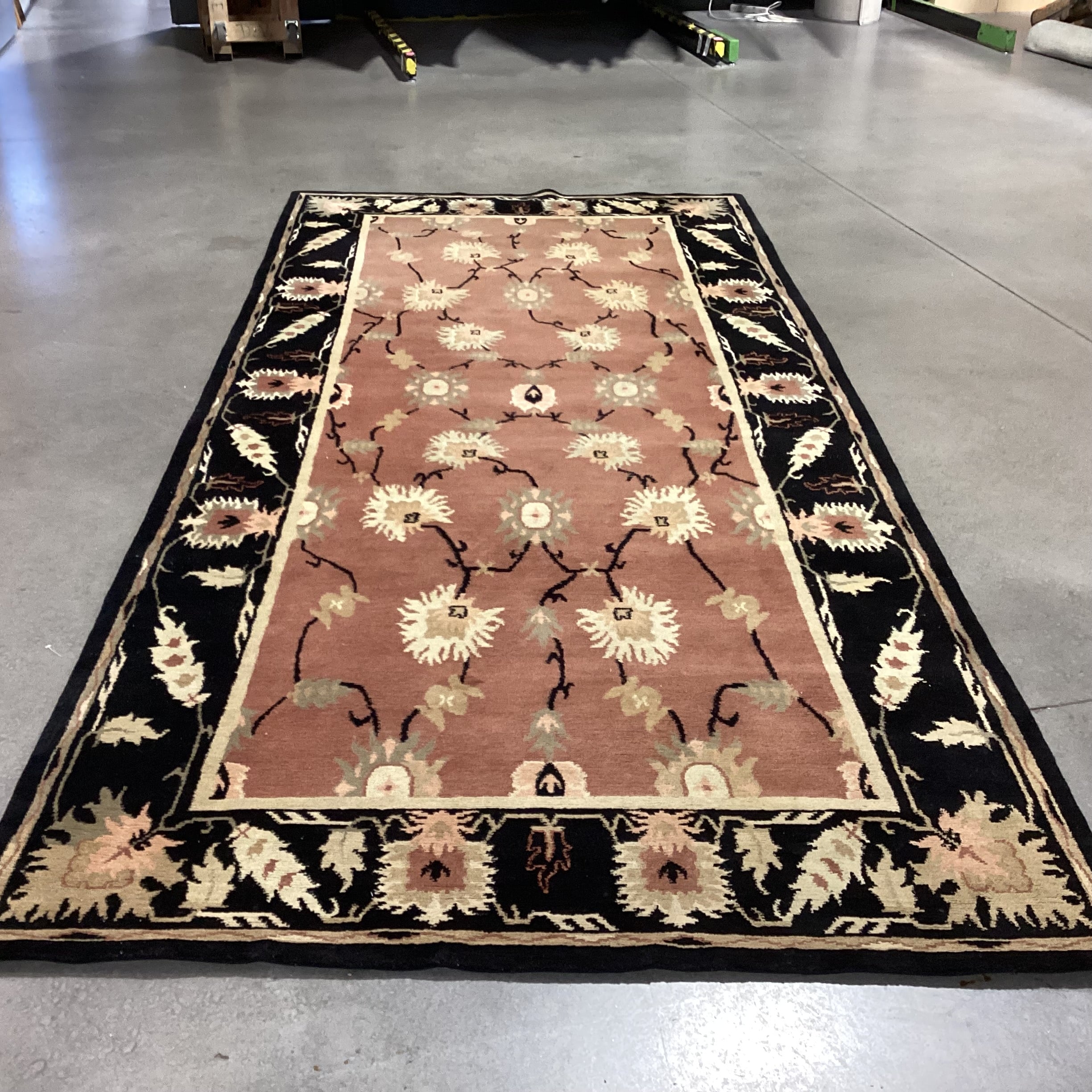 Blush Cream Sage Floral with Black Border Hand Woven Nepal Wool Rug 5'5"x 11'11"